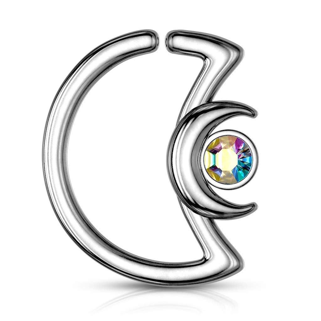 BYB Jewelry 18G-16G Stainless Steel Crescent Moon Cartilage Hoop Earrings with Crystal Accents - Perfect for Daith Piercing, Tragus Jewelry & Everyday Boho Style