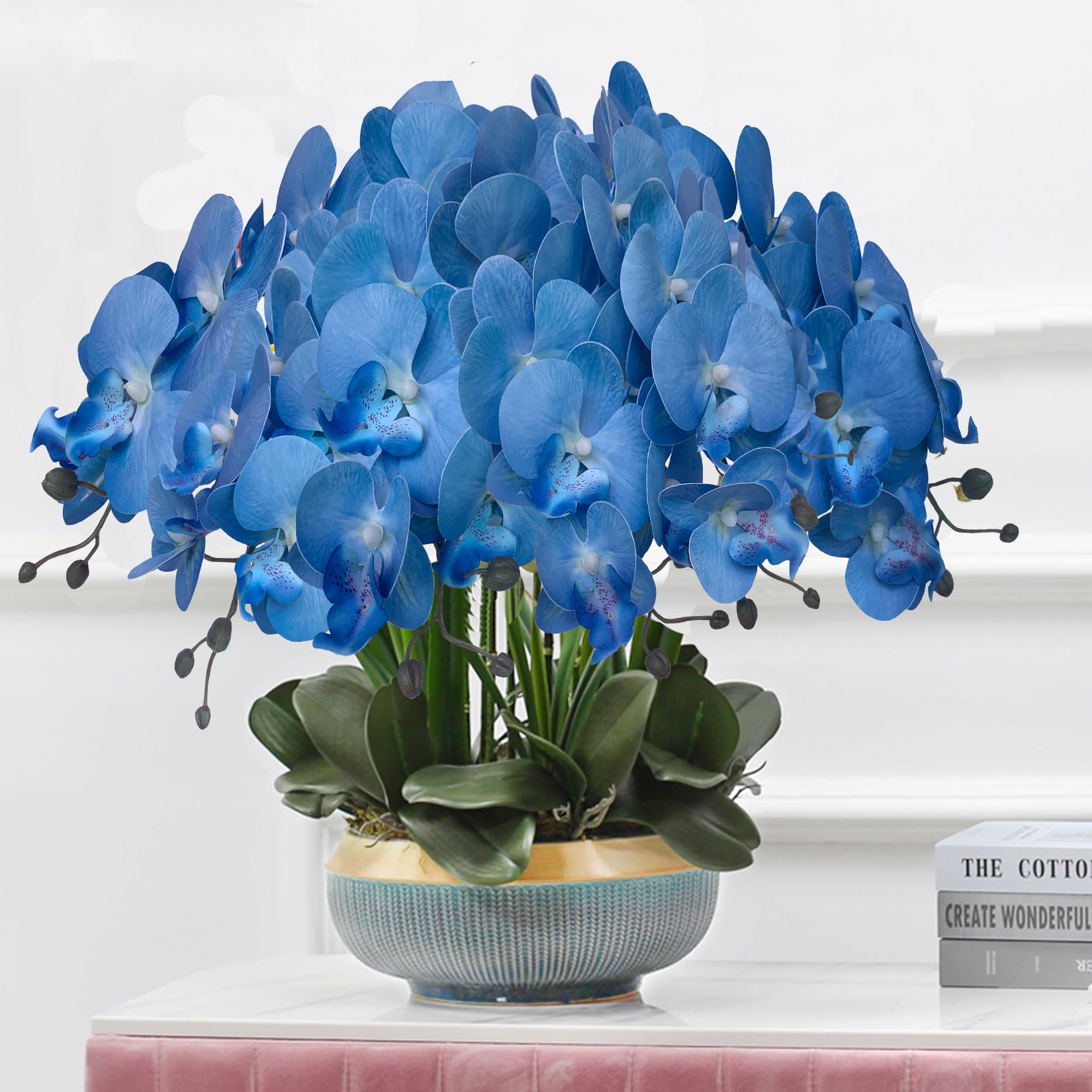 FagusHome 32 Inch Artificial Phalaenopsis Orchid Flowers - 6 Pack Blue Fake Orchid Stems for Home Decor, Wedding Centerpieces, Office & Table Arrangements