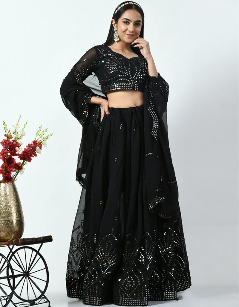 Elegant Black Faux Georgette Lehenga Choli Set for Women | Traditional Indian Bridal Wear | Perfect for Weddings, Festivals & Special Occasions
