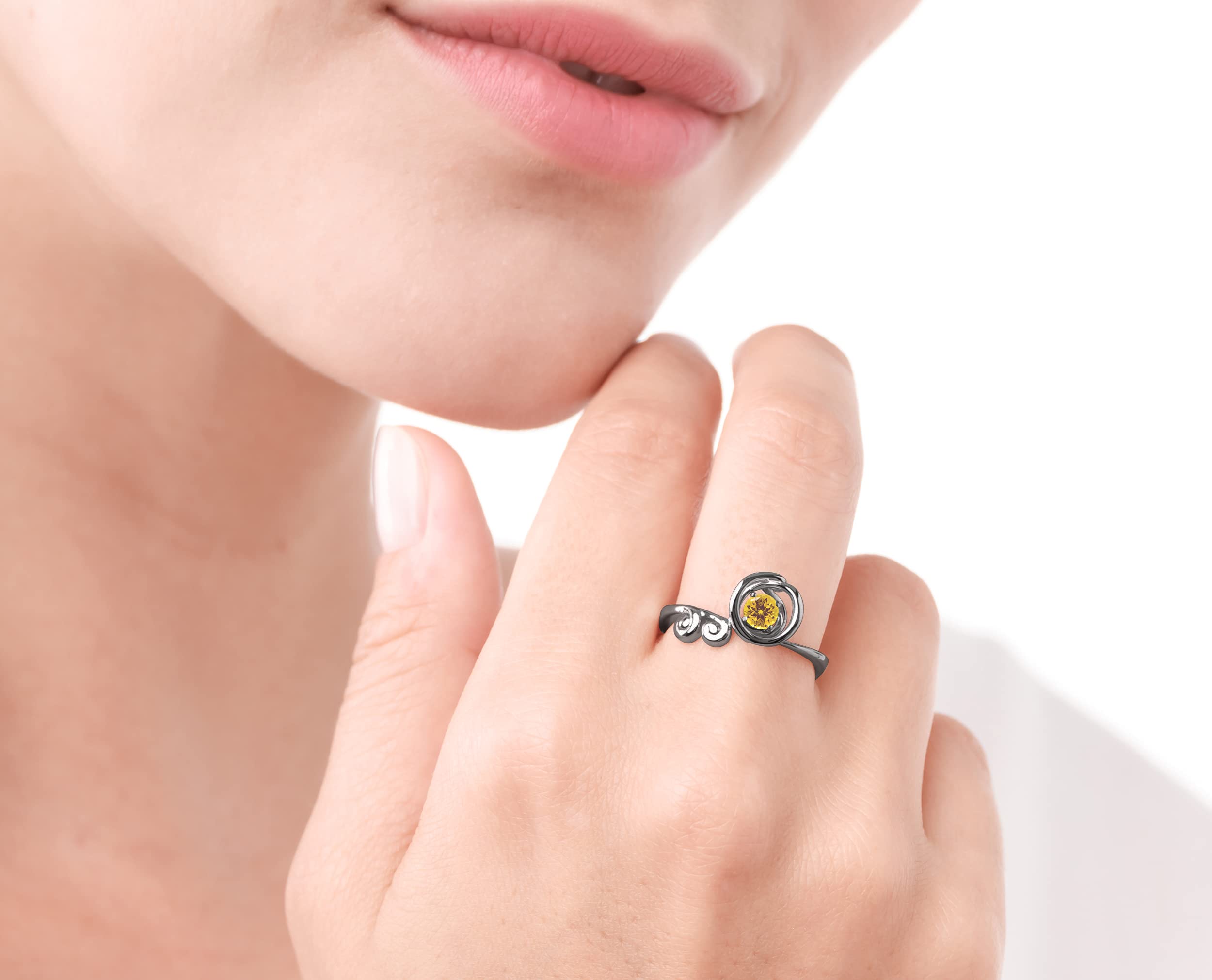 Dainty Citrine Black Ring - Minimalist Yellow Gemstone November Birthstone Ring for Women | Solitaire Circle Simple Wave Design | Perfect for Everyday Wear, Gift Giving & Special Occasions