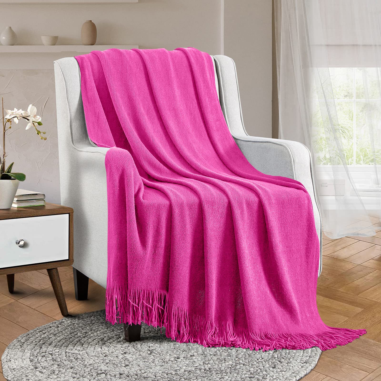 Vonty Hot Pink Knitted Blanket with Tassels Fringe 50
