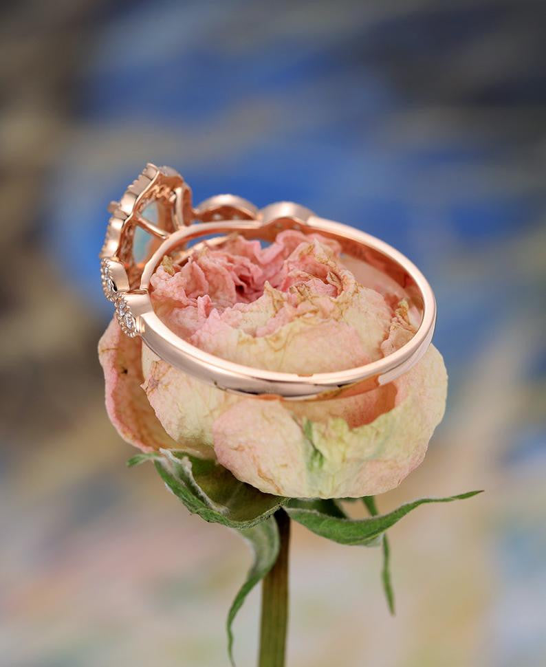Vintage Floral Oval Cut Opal Engagement Ring with Halo Rose Gold Marquise 1/4 Diamond Band - Perfect for Wedding, Proposal & Anniversary Gifts