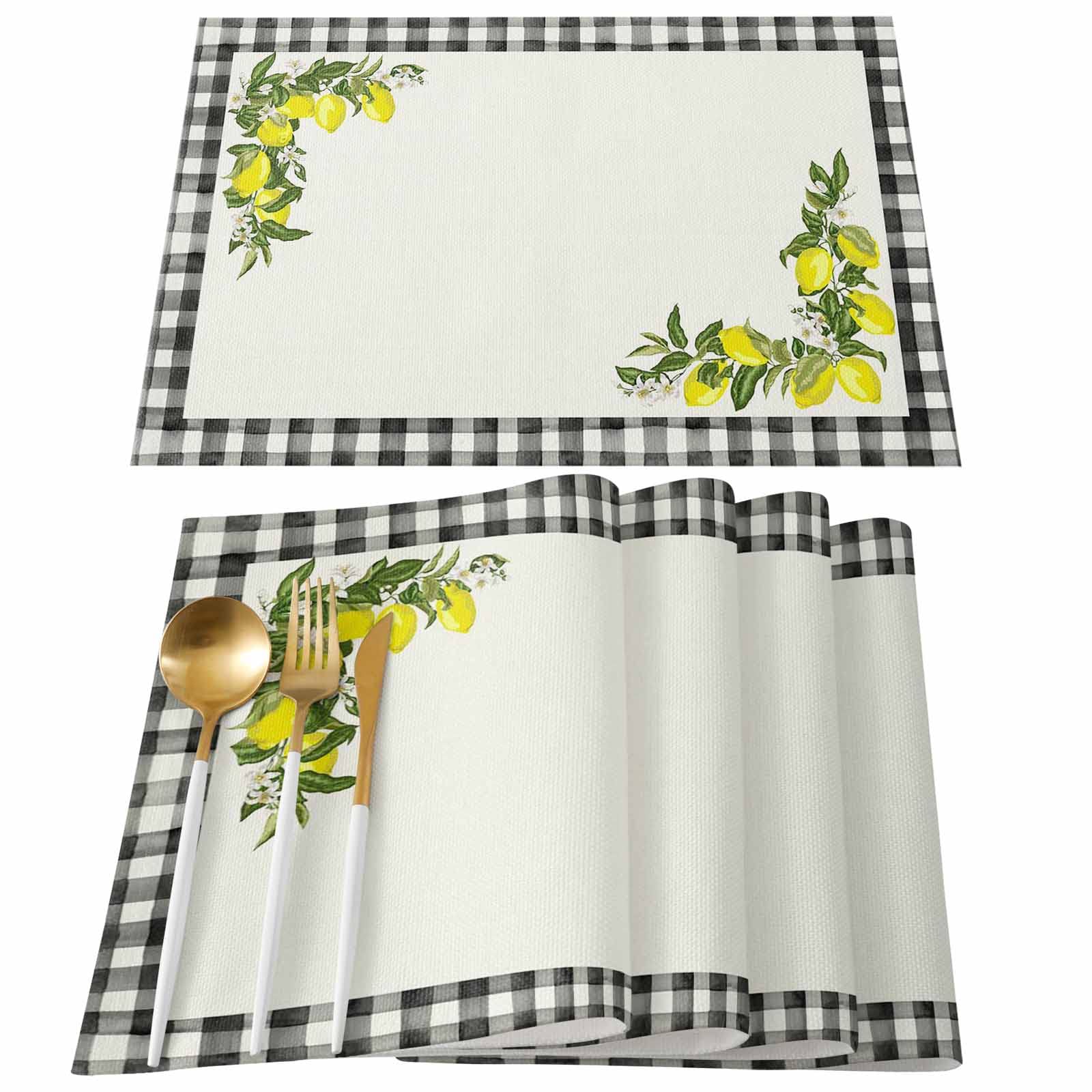 Set of 4 Summer Lemon Fruit Placemats - Heat-Resistant, Non-Slip & Washable Dining Table Mats in Black White Buffalo Check Grid Pattern - Perfect for Kitchen, Banquet, Outdoor Wedding & Home Decor