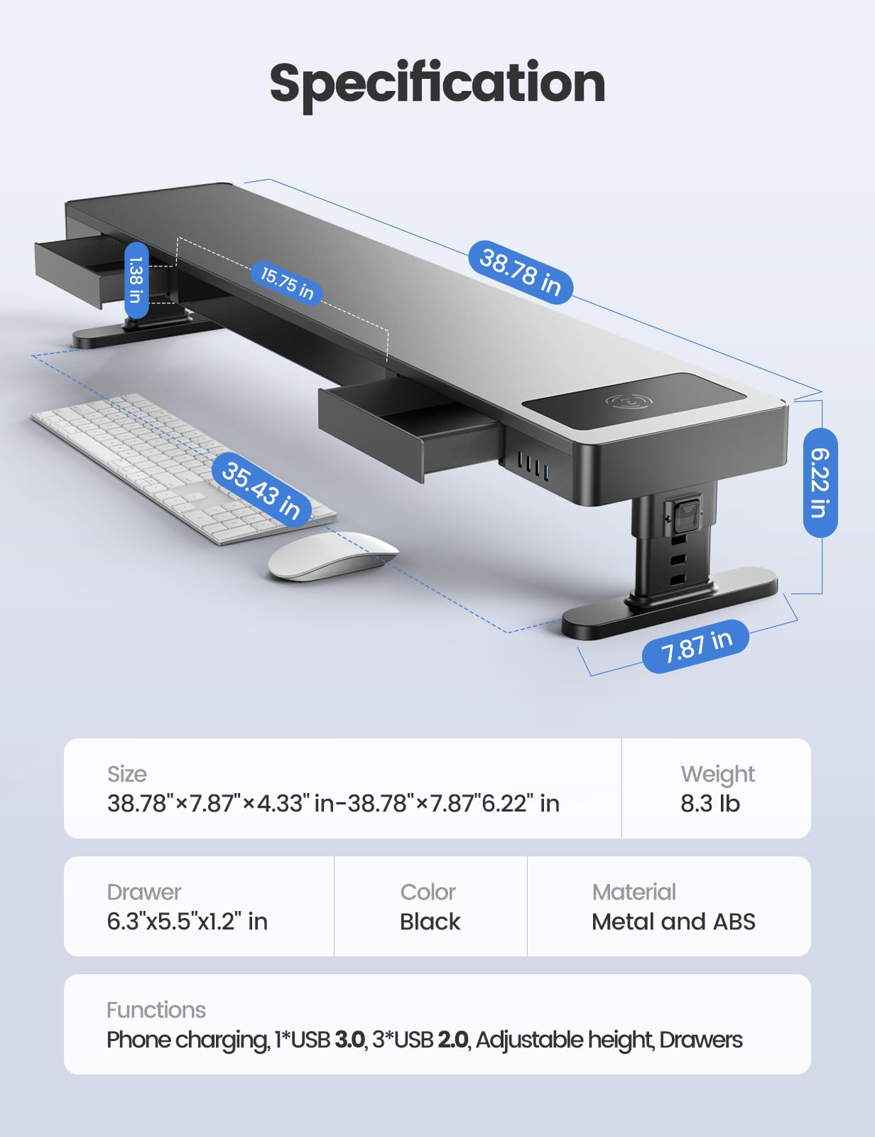 Dual Monitor Stand with Adjustable Height, Wireless Charging Pad & 4 USB Ports - Metal Desk Organizer with Storage Drawers for 2 Monitors - Perfect for Home Office, Gaming Setup & Workspace Organization