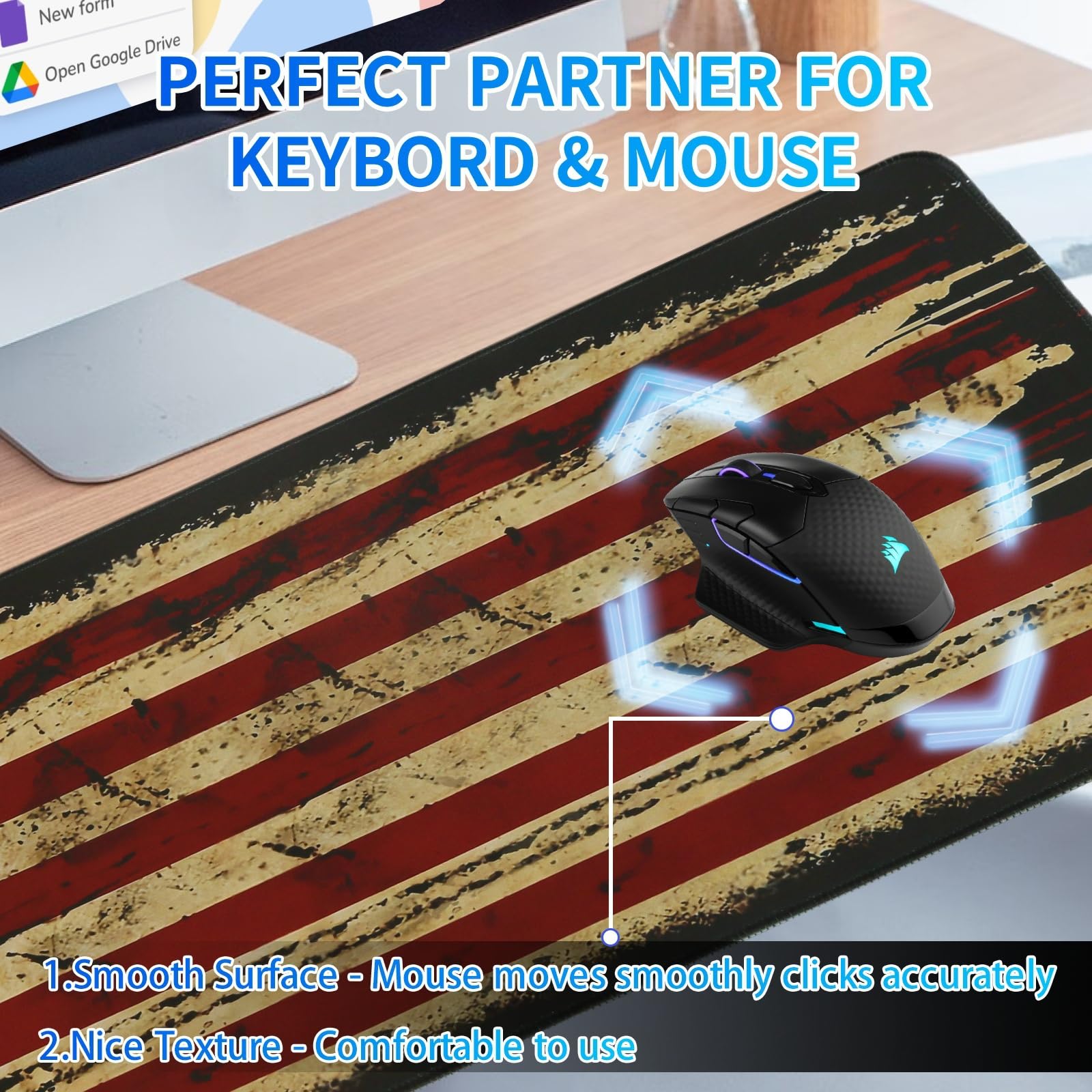 USA Flag Gaming Mouse Pad - Extra Large Non-Slip Rubber Base Desk Mat with Stitched Edges for PC & Laptop | Perfect for Gamers, Office Work & Home Use (Black, Large)