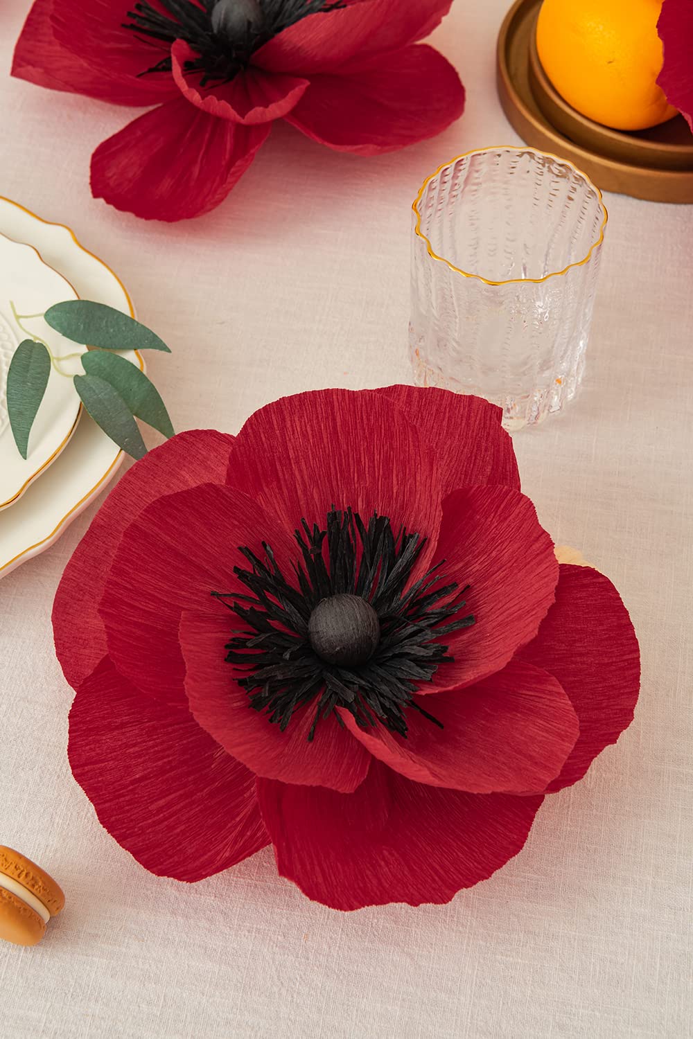 Artificial Crepe Paper Flowers - Wedding, Baby Shower & Party Decor (Red, 5-Pack) for Walls & Backdrops