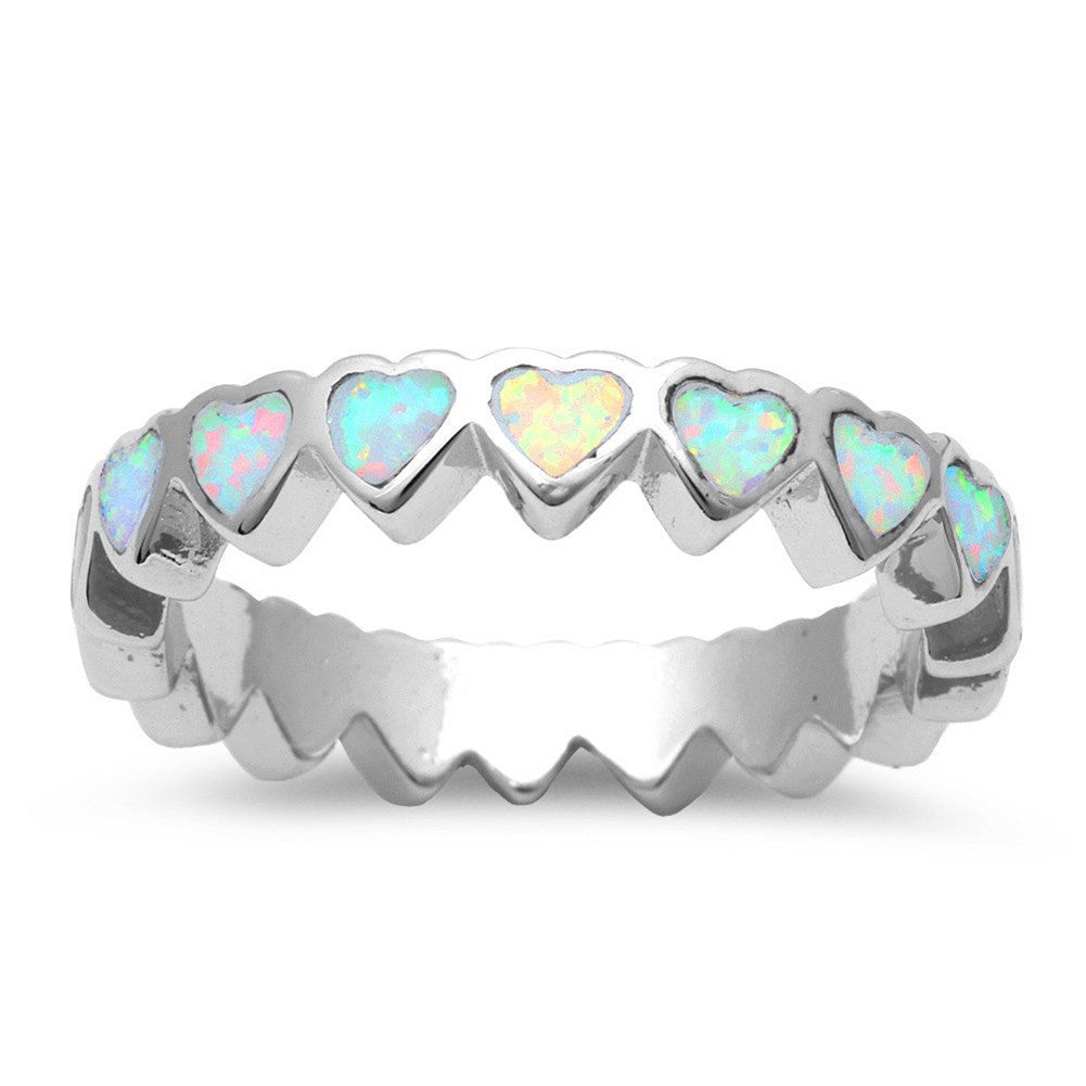 4mm Full Eternity Heart Band Ring - Stackable Lab-Created Blue Opal 925 Sterling Silver Jewelry - Perfect for Valentine's Gifts, Anniversary & Everyday Wear