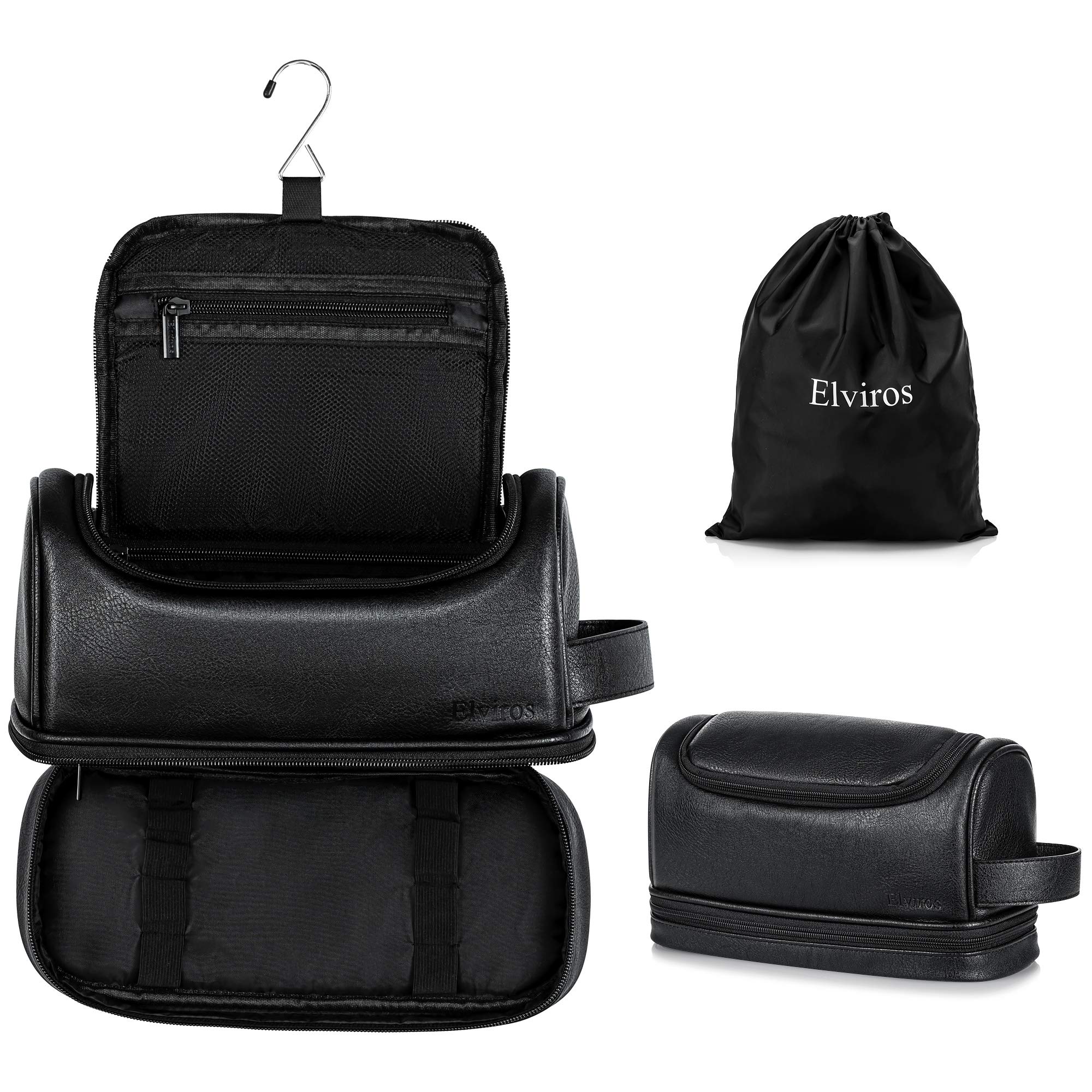 Elviros Leather Travel Toiletry Bag for Men & Women - Large Water-Resistant Hanging Organizer with Hook - Perfect for Bathroom, Shaving Kit & Business Trips (Black)