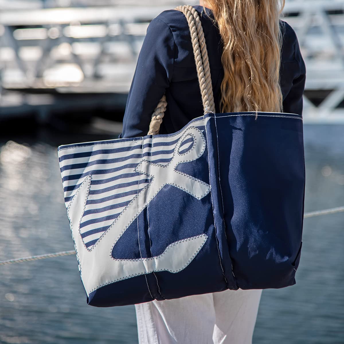 Eco-Friendly Recycled Sailcloth Breton Stripe Tote Bag with Anchor Print - Large White Beach Bag for Women, Spacious Work Tote & Travel Bag with Rope Handles | Perfect for Beach Trips, Office Commute & Weekend Getaways