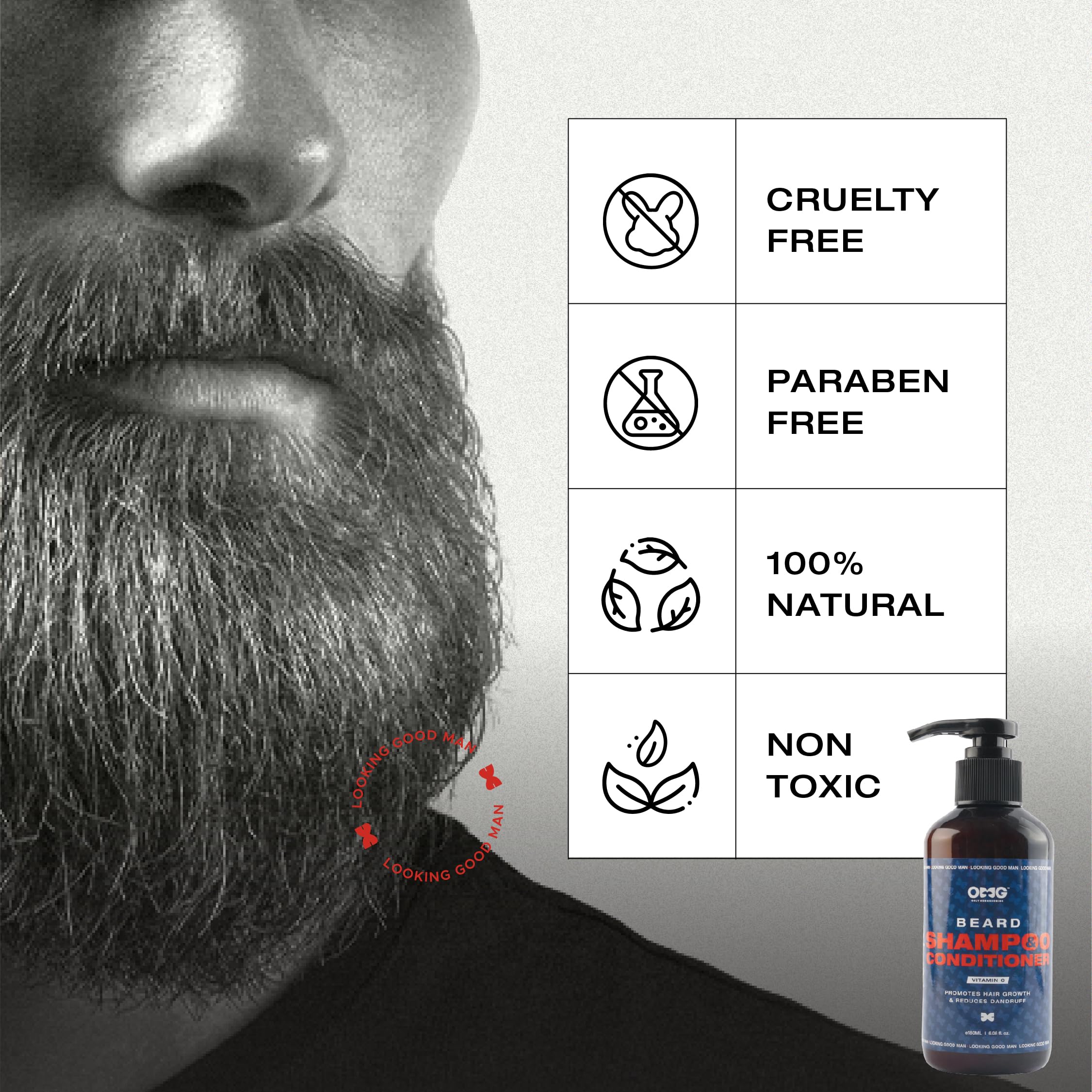 OMG Beard Shampoo & Conditioner 180ml - Natural Hair Growth Treatment with Vitamin C | Anti-Dandruff Formula for Men | Perfect for Daily Grooming & Beard Care Routine