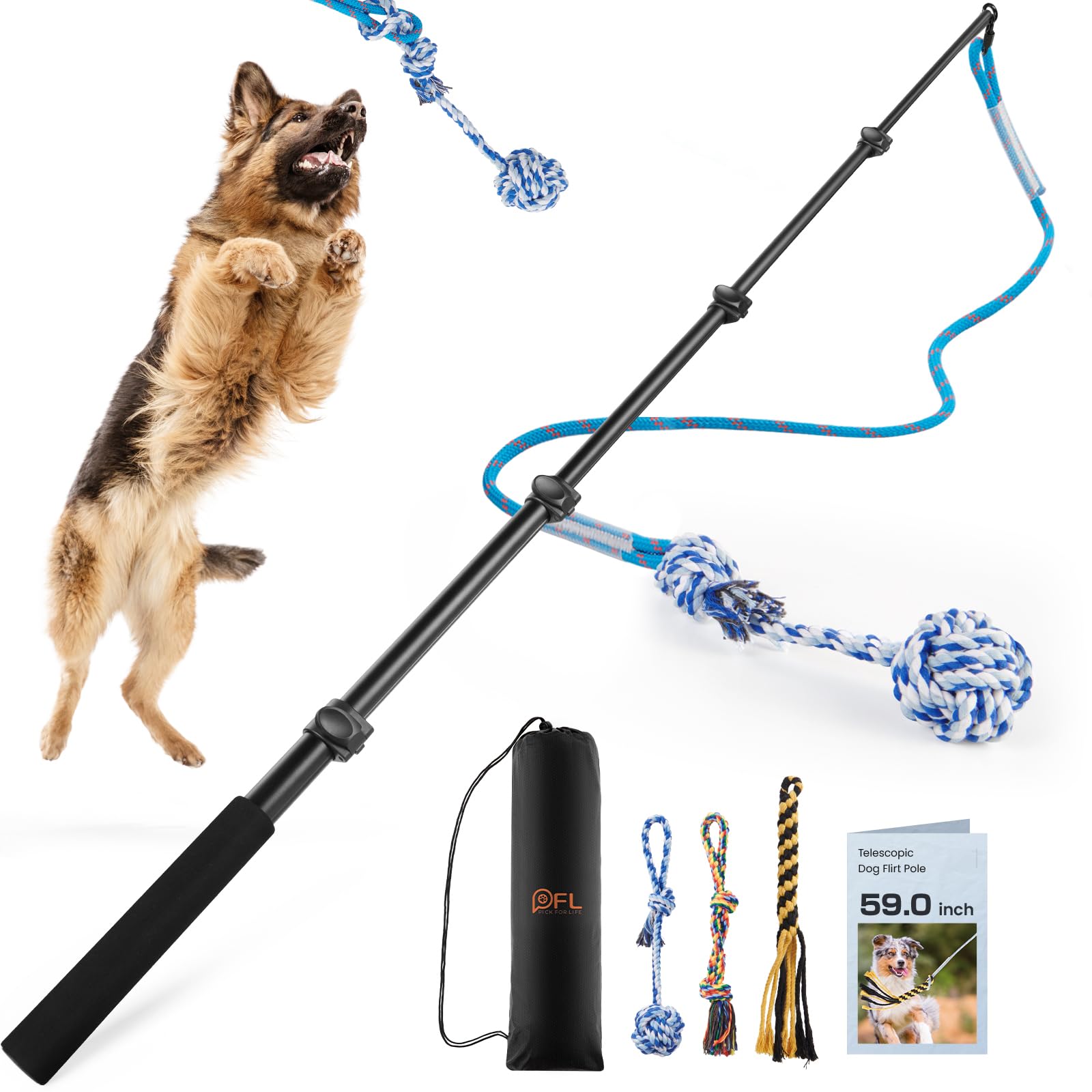 59 Inch Extendable Flirt Pole for Large Dogs - Interactive Dog Training Toy with Detachable Chew Toys - Perfect for Labs, German Shepherds & Golden Retrievers - Great for Outdoor Play, Exercise & Agility Training