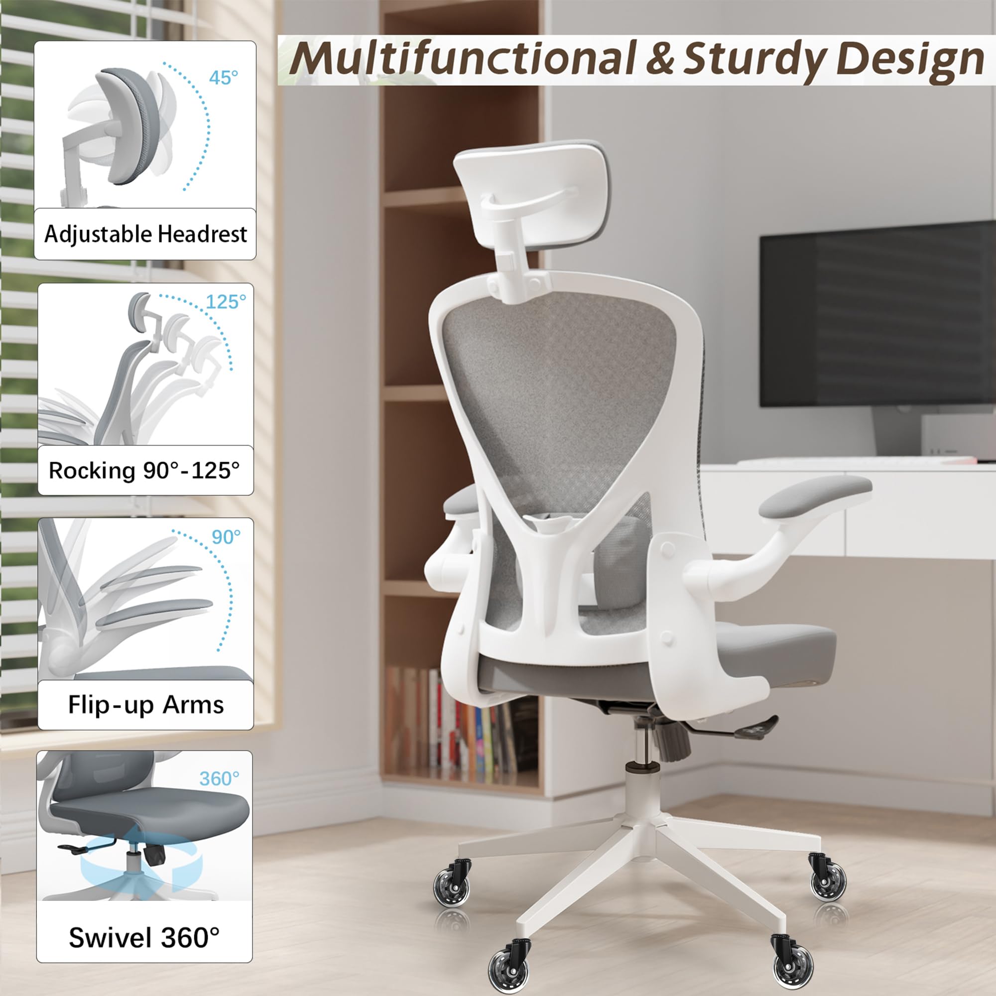 Ergonomic Office Chair with Lumbar Support & Adjustable Armrests - Rolling Desk Chair for Home Office - Comfortable Computer Chair for Work & Study (Gray) - Perfect for Remote Work, Gaming & Long Study Sessions