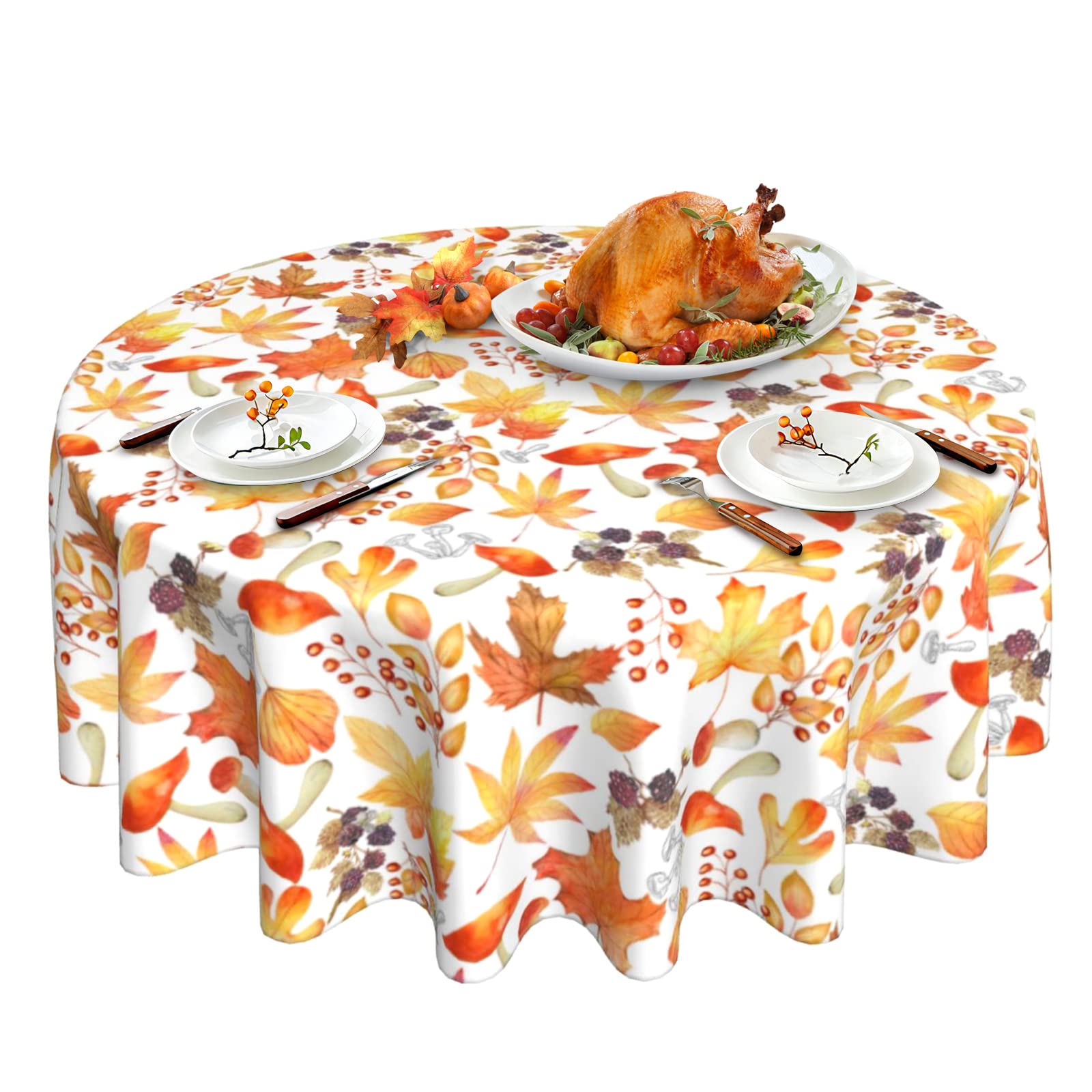 60 Inch Autumn Maple Leaf Round Tablecloth - Thanksgiving White Polyester Table Cover for Rustic Farmhouse Kitchen Decor, Wipeable & Durable for Outdoor Holiday Parties & Fall Gatherings