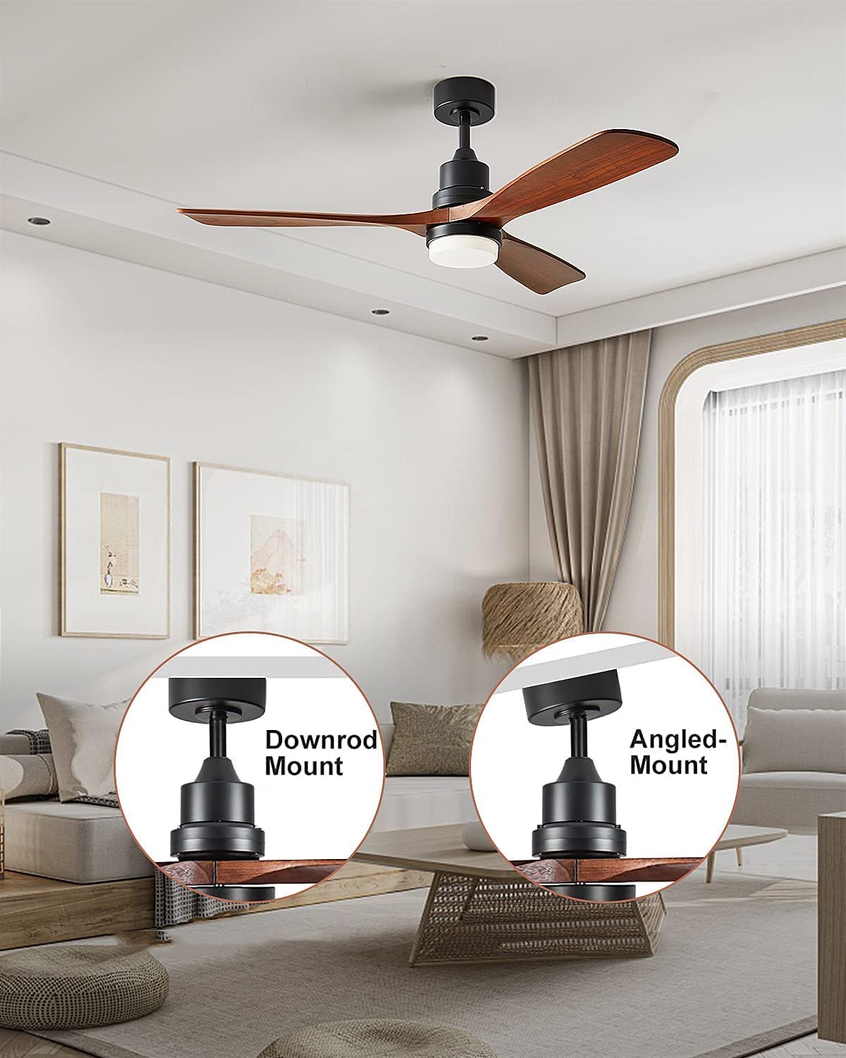 KEYRIFI 52 Inch Modern Ceiling Fan with LED Light, 3 Blades Wooden Reversible DC Motor, Remote Control - Ultra Quiet for Bedroom, Living Room, Office, Patio & Outdoor Use