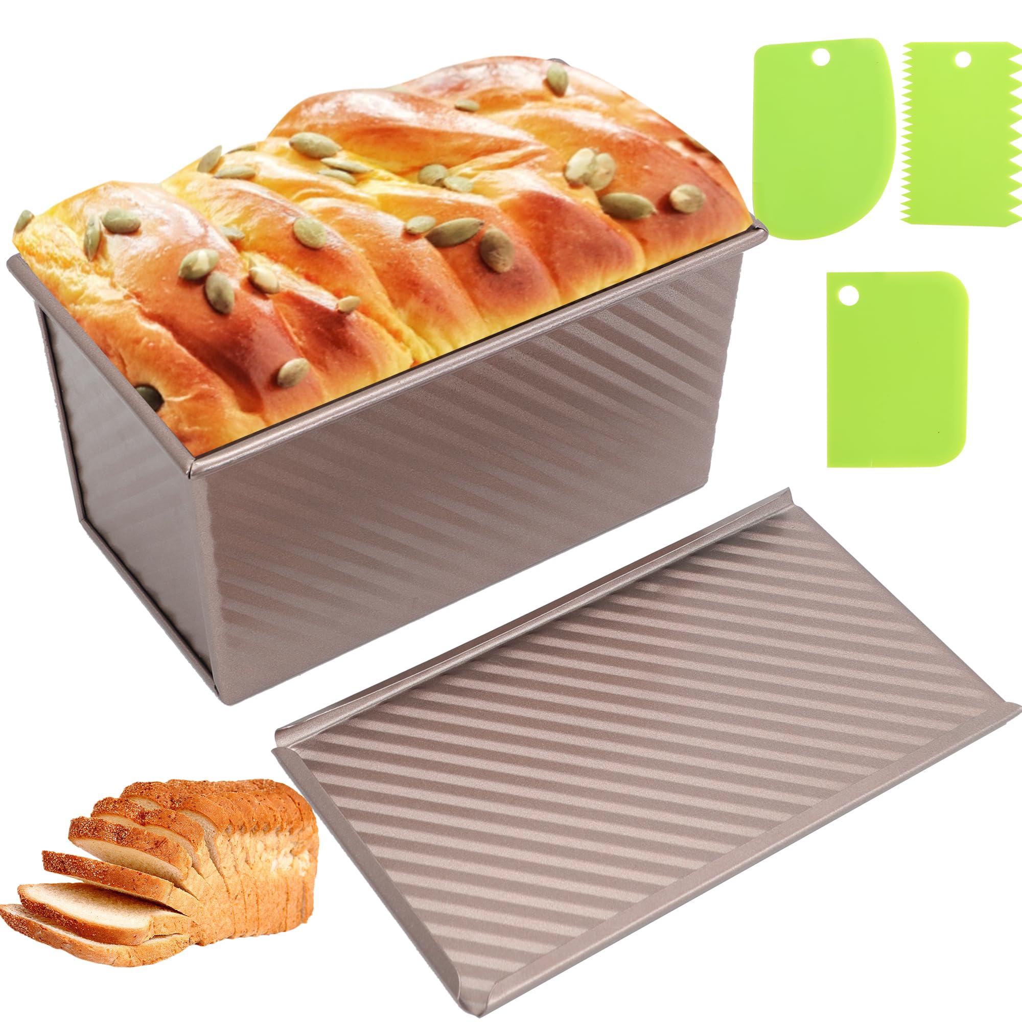2.2Lb Non-Stick Pullman Loaf Pan with Lid - Rectangle Bread Baking Pan for Sourdough, Homemade Bread & Sandwich Loaves - Includes Dough Scraper Cutter - Perfect for Home Bakers & Professional Kitchens