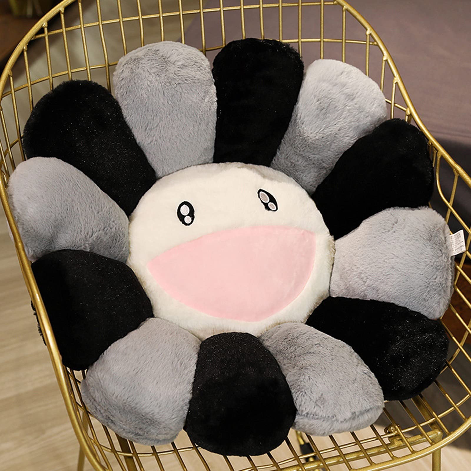 Rainbow Plush Sunflower Throw Pillow with Smiley Face - 60x60cm Soft Floor Cushion for Home Decor, Living Room, Bedroom & Sofa - Perfect for Reading Nook, Lounge Area and Cozy Decorations (Black)