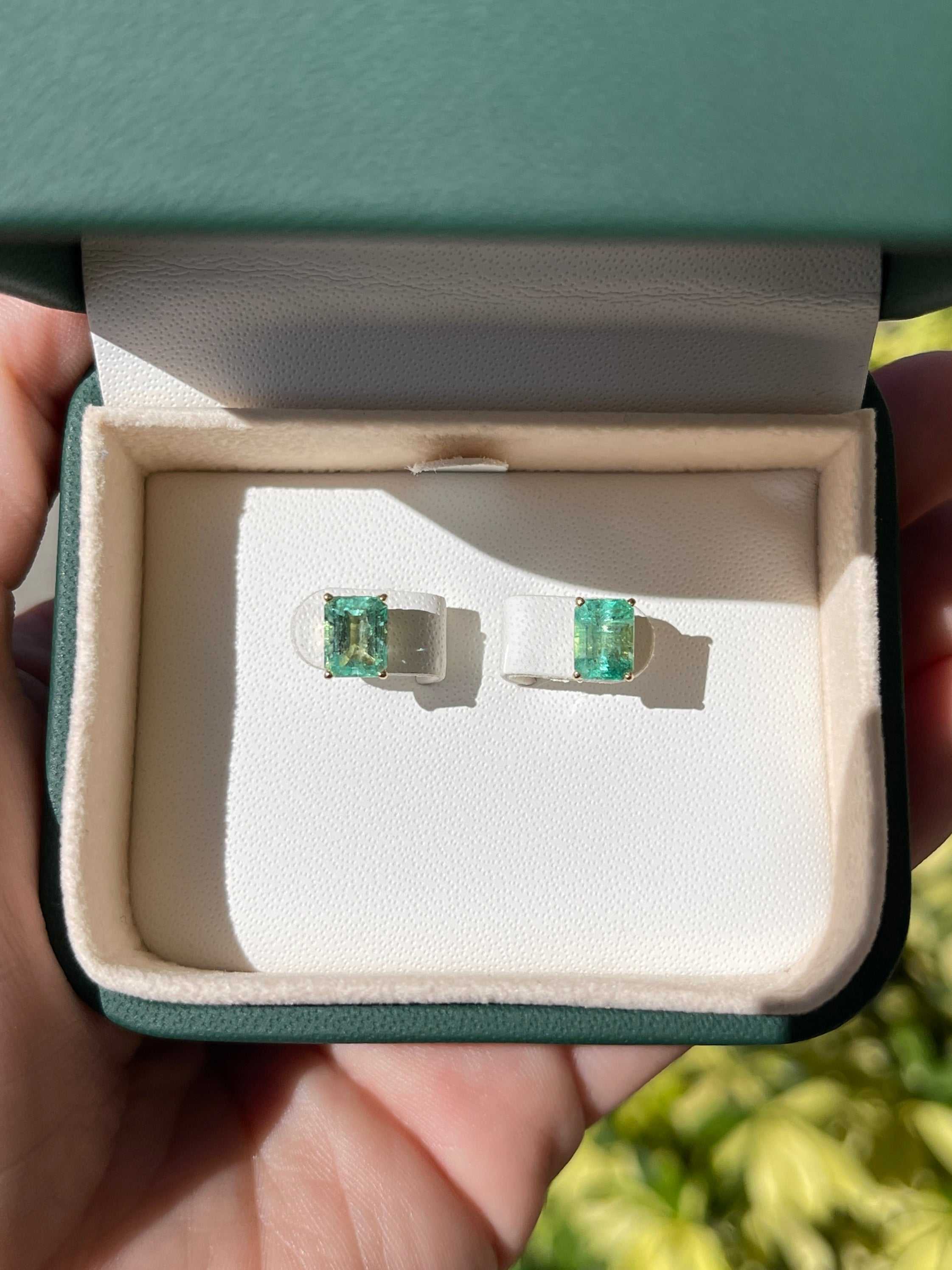1.80tcw Elongated Emerald Cut Spring Green Fleur De Lis Stud Earrings in 14K Gold - Elegant Jewelry for Weddings, Parties & Special Occasions