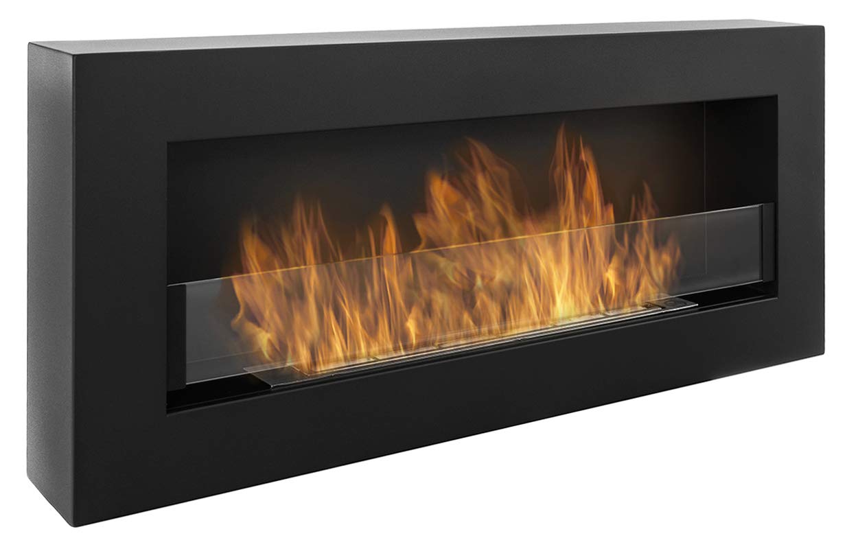 Black Wall-Mounted Bioethanol Fireplace Box - 90 x 40 cm Glass Panel Design | Modern Hanging Ethanol Fireplace for Living Room, Bedroom & Outdoor Decoration | Eco-Friendly & Ventless Heating Solution