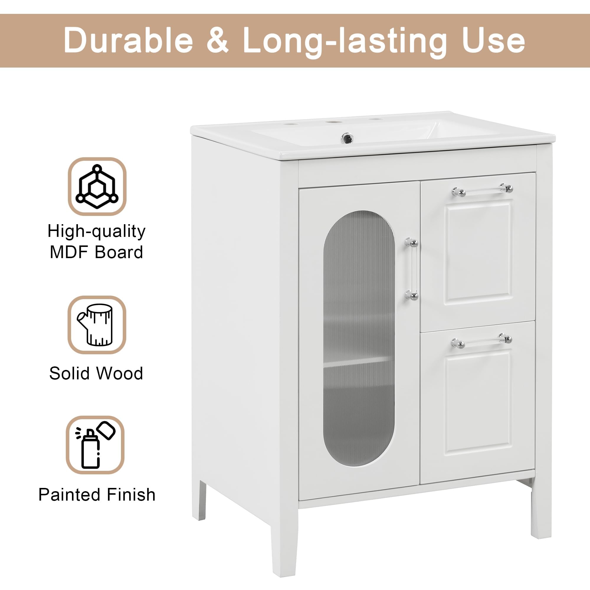 24 Inch White Bathroom Vanity with Sink - 2 Drawers, Glass Door & Adjustable Shelf - Free Standing Wood Storage Cabinet for Small Bathrooms | Perfect for Powder Rooms, Guest Baths & Compact Spaces