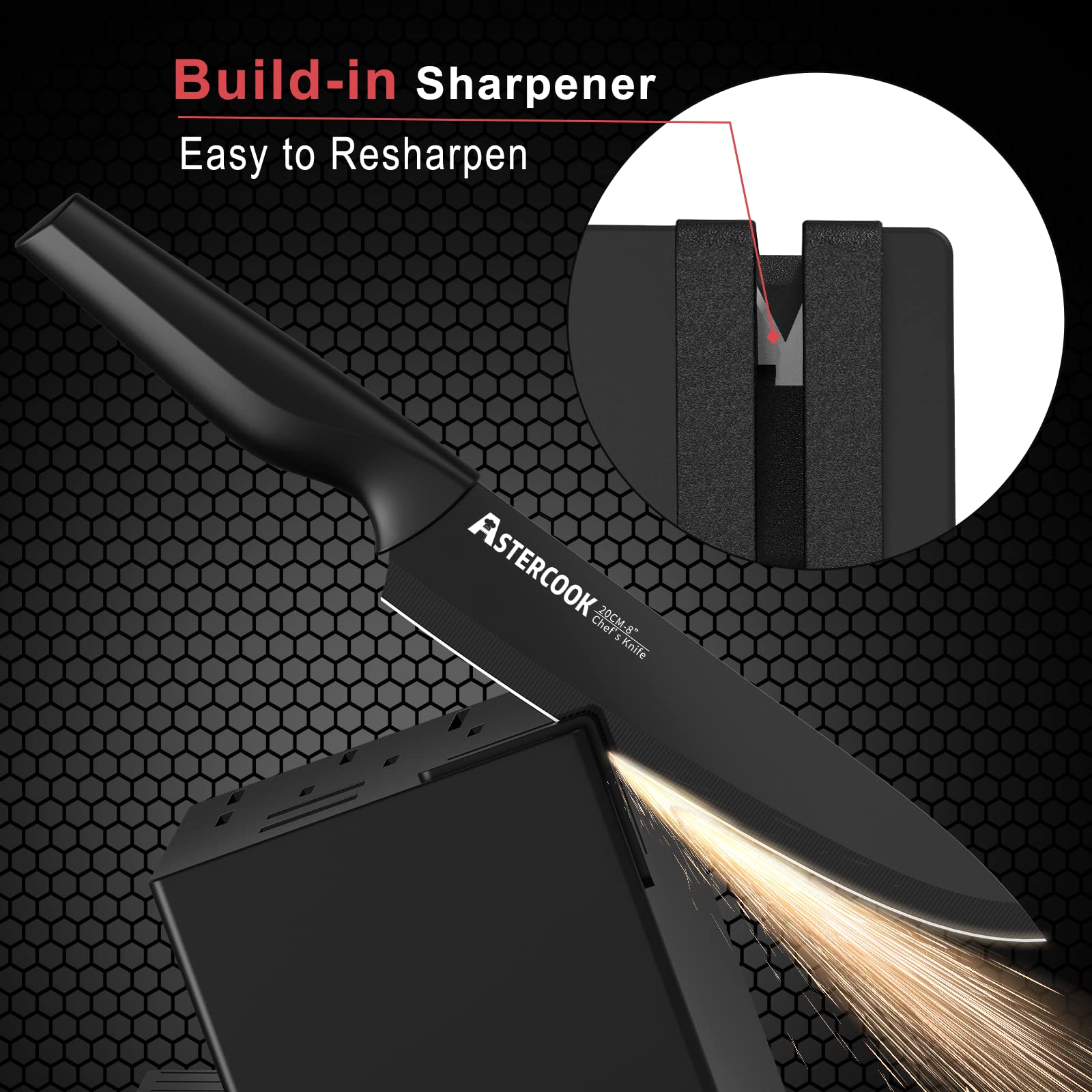 Astercook 21-Piece German Stainless Steel Knife Set with Block & Built-in Sharpener | Dishwasher Safe Kitchen Knives for Chopping, Slicing & Food Prep | Professional Chef & Home Cooking Essential