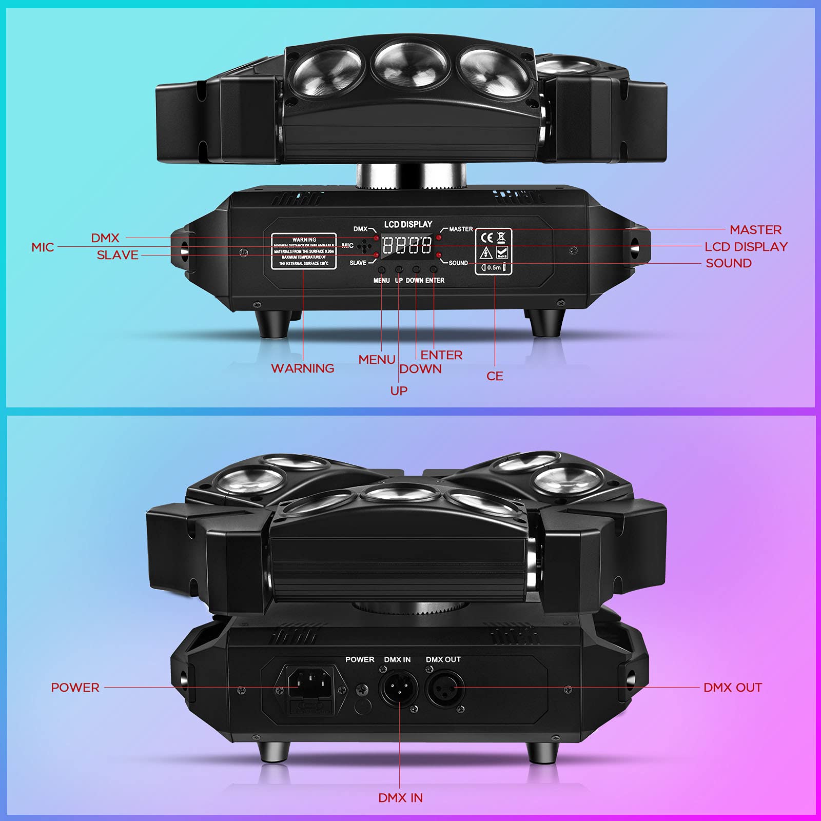 U`King 9 LED Spider Moving Head Lights - 10W RGB Stage Lighting with DMX-512 & Sound Activation (12/19 Channels) | Perfect for Wedding, Disco, Club, and DJ Party Lighting Effects