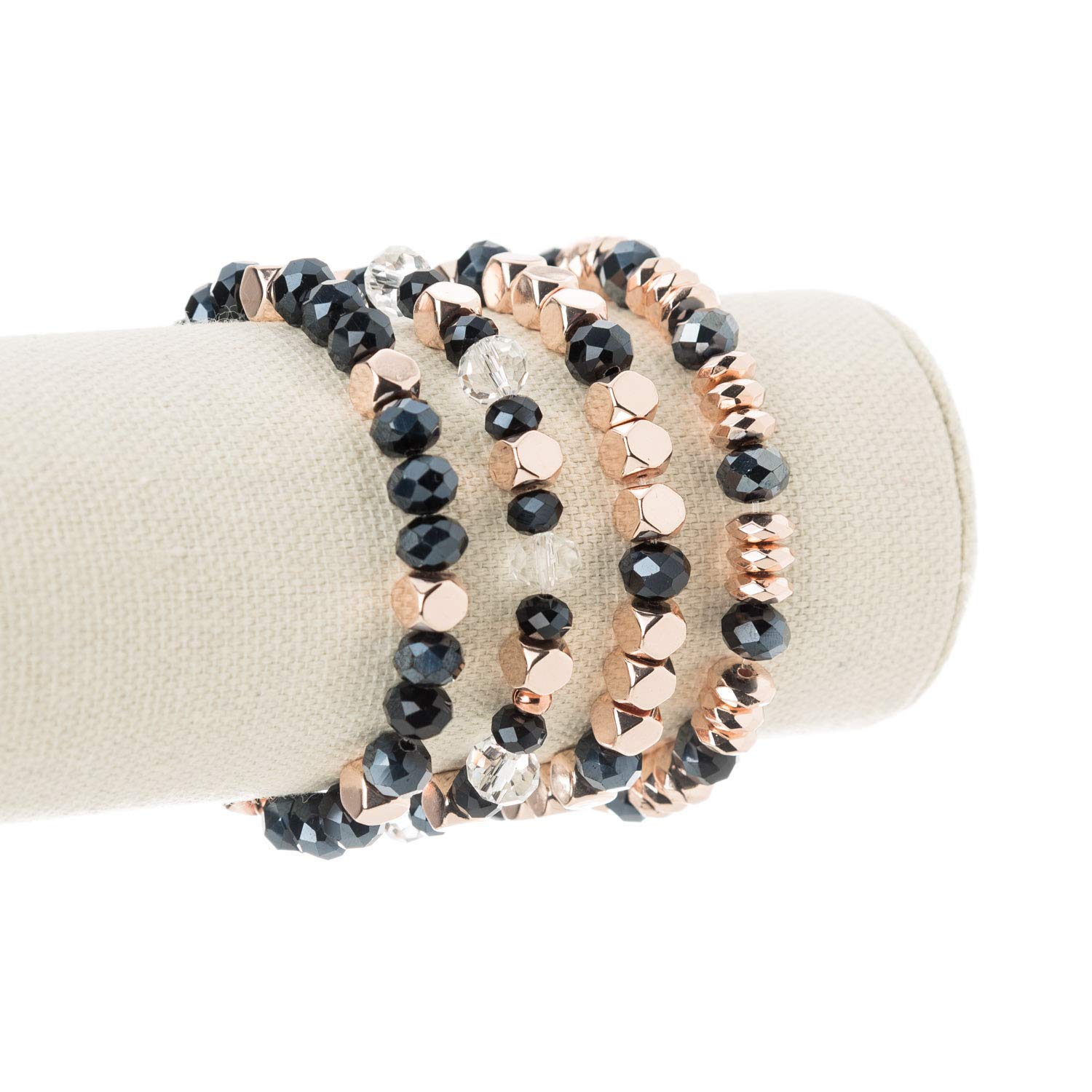 Hematite Rose Gold Navy Blue Rhondelle Stretch Bracelet for Women - Elegant Beaded Jewelry for Everyday Wear, Gift Ideas, Yoga & Meditation Accessories