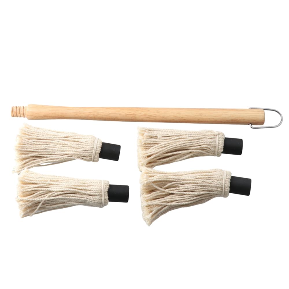 Premium Wooden Long Handle BBQ Basting Mop with 4 Extra Replacement Heads - Grill Brush for BBQ, Smoking, Steak & Meat - Perfect for Backyard Grilling, Camping & Outdoor Cooking