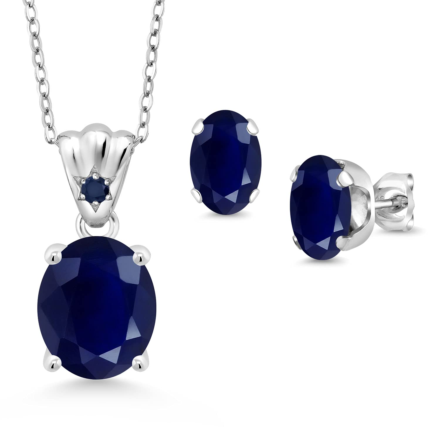 Gem Stone King 925 Sterling Silver Blue Sapphire Pendant & Earrings Set for Women - 8.14 Cttw Oval Birthstone Jewelry (11x9mm & 8x6mm) with 18