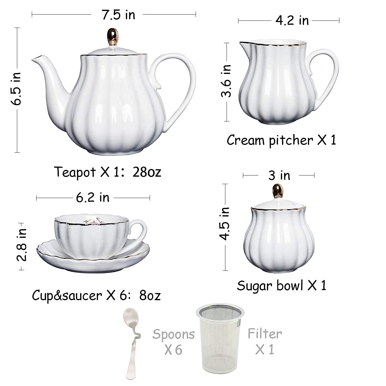 SWEEJAR British Royal Porcelain Tea Set - 8 OZ Teacups with Saucers, Teapot, Sugar Bowl, Cream Pitcher, Teaspoons & Tea Strainer + 3-Tier Ceramic Cake Stand | Elegant High Tea, Wedding, Bridal Shower & Afternoon Party Serving Set