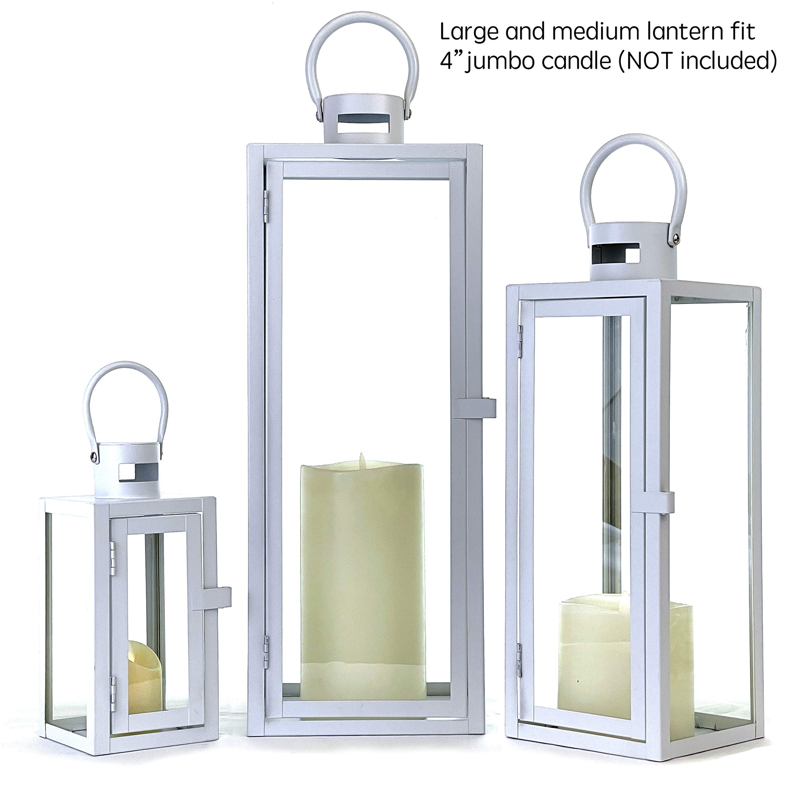 Allgala 3-Piece Jumbo Lantern Set - 23 Inch Modern Indoor/Outdoor Candle Lanterns with White Painted Iron Frame & Tempered Glass - Perfect for Garden, Poolside, Fireplace Decor, and Wedding Centerpieces