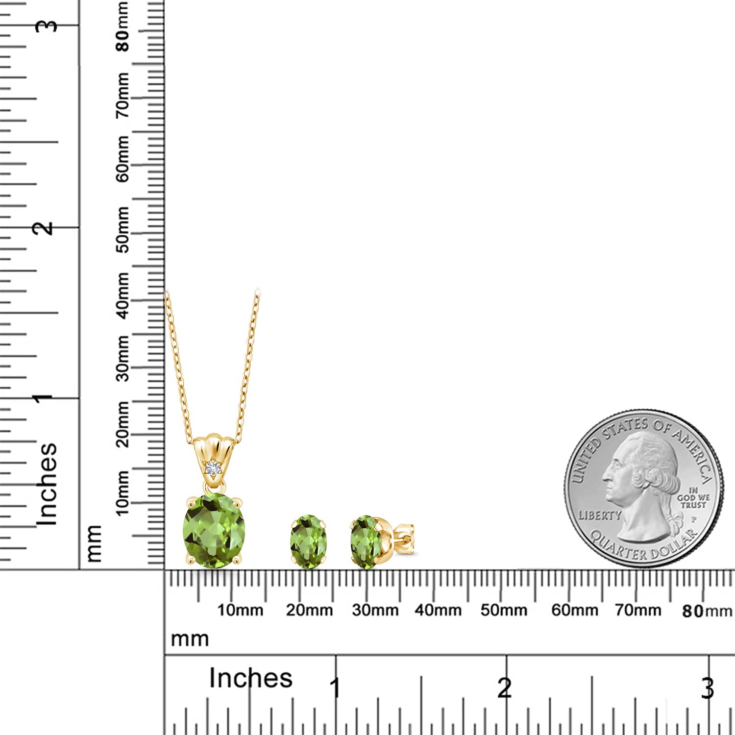 18K Yellow Gold Plated Sterling Silver Peridot and White Sapphire Pendant & Earrings Set for Women - 5.88 Cttw Oval Gemstone Birthstone Jewelry (11x9mm & 8x6mm with 18