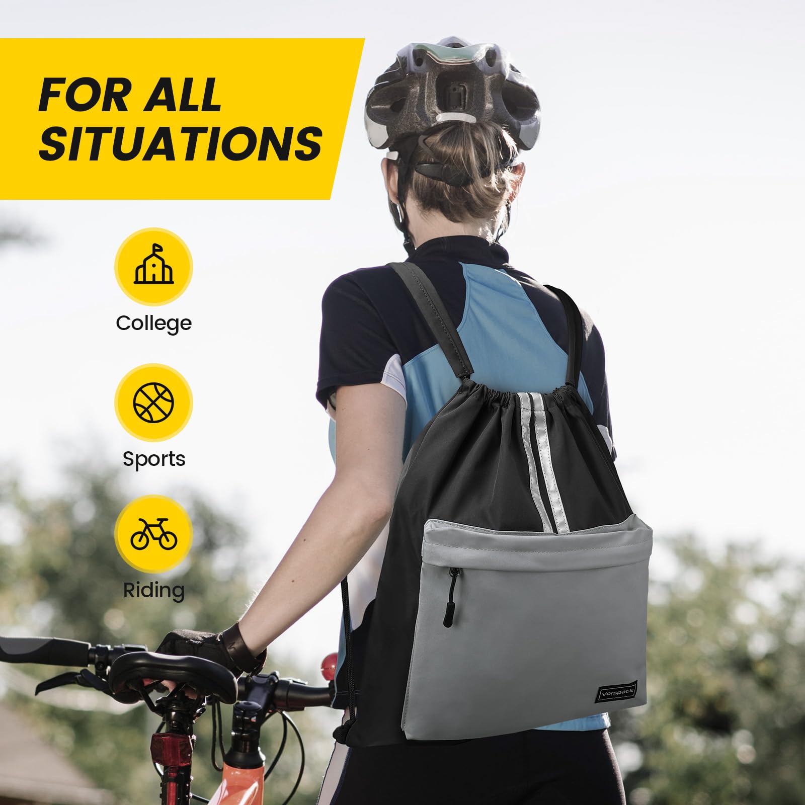Vorspack Lightweight Drawstring Backpack with Front Pocket & Reflective Strips - Gym Sports Hiking Travel Sackpack for Men Women - Perfect for Workouts, School, Outdoor Adventures (Black)