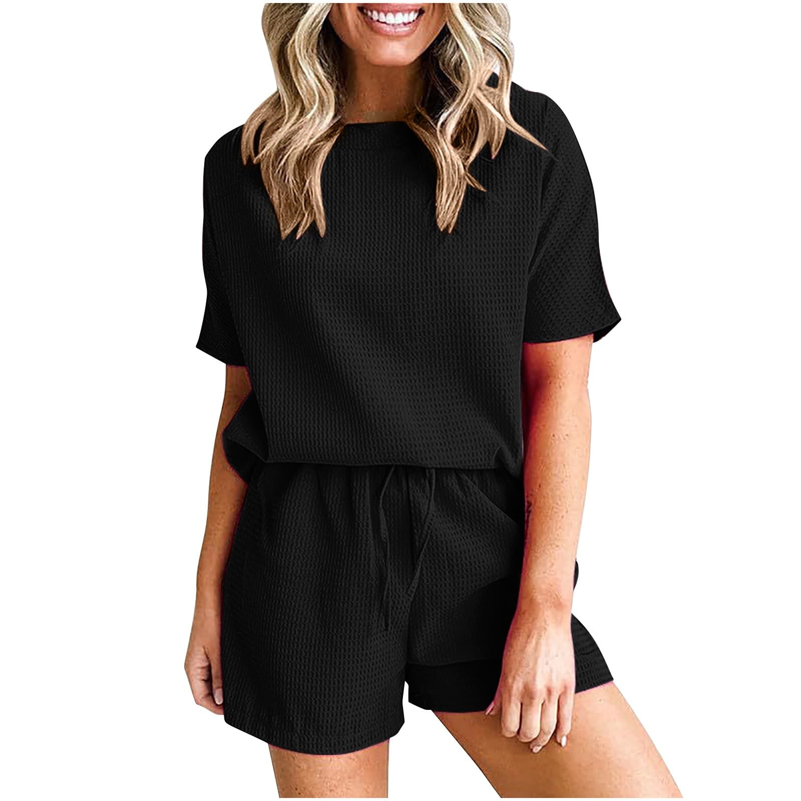 Women's 2-Piece Casual Ribbed Knit Lounge Set - Short Sleeve Crewneck Top & Elastic Drawstring Shorts | Comfortable Outfit for Home, Yoga, Travel & Relaxation