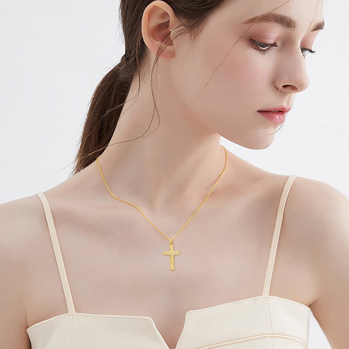 14K Real Gold Cross Necklace for Women - Yellow Gold Italian Diamond-Cut Cross Pendant Necklace | Religious Jewelry for Baptism, First Communion & Confirmation | Elegant Christmas & Birthday Gift for Wife, Mom, Daughter | 16-18 Inch Chain | Perfect for Church, Weddings & Special Occasions