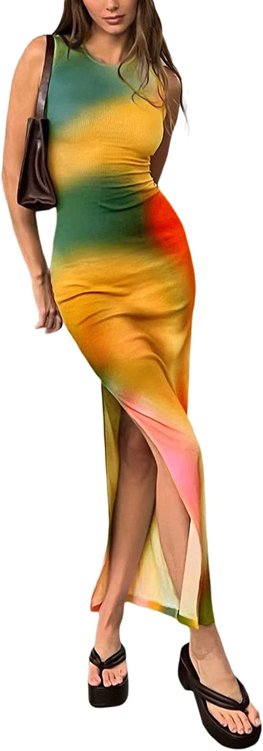 Suillty Women's Y2K Tie Dye Print Sleeveless Bodycon Maxi Dress - Slim Fit Summer Sundress for Beach, Vacation & Casual Outings