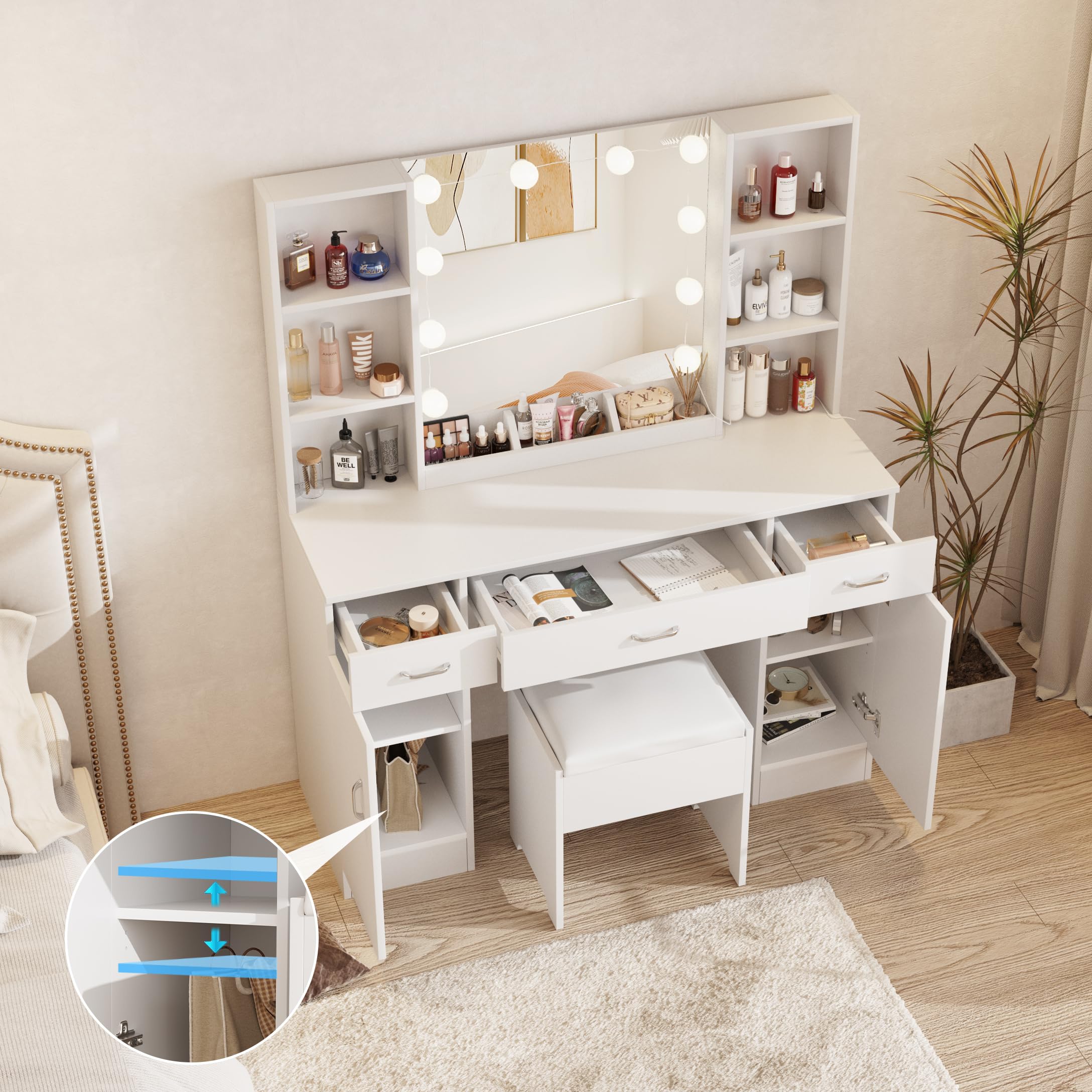 White Makeup Vanity Desk with LED Lights - 45 Inch Large Dressing Table with 3 Drawers, 2 Cabinets & Shelves for Bedroom, Beauty Salon or Home Decor