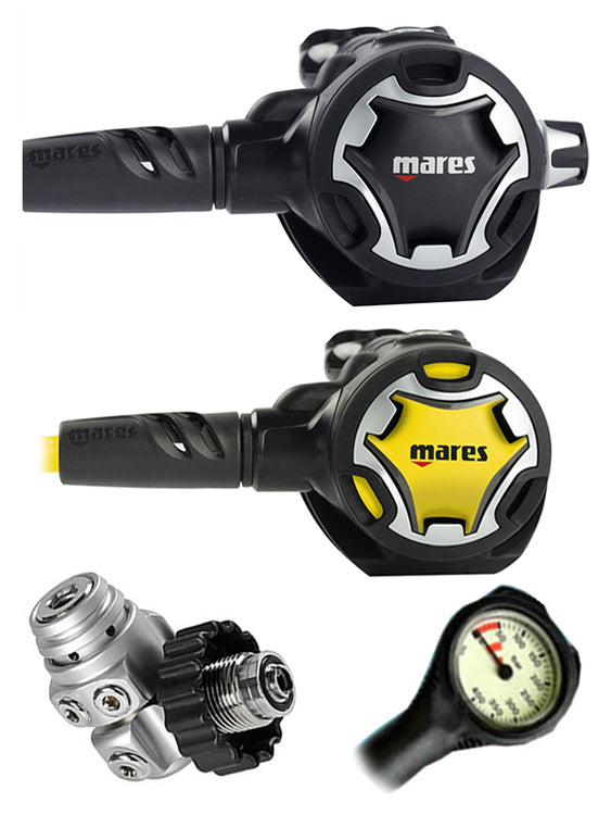 Mares Regulator Set: Dual Adjustable 62X Scuba Diving Regulator with Octopus & Free Thermometer Gauge (DIN or Yoke) - Perfect for Deep Sea Diving and Underwater Exploration