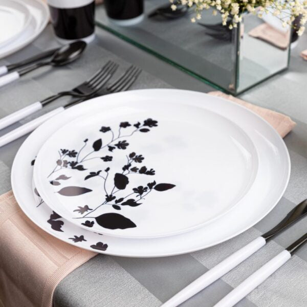 White and Black Round Plastic Plates - Durable Melamine Dinnerware Set for Outdoor Picnics, BBQs, Garden Parties & Camping