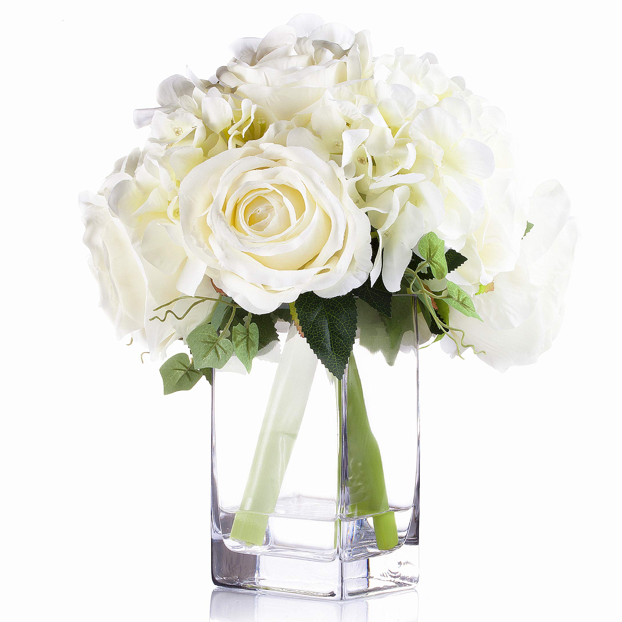 ENOVA HOME Cream Mixed Rose & Hydrangea Silk Flower Arrangement in Glass Vase with Faux Water - Elegant Wedding Centerpiece & Home Decor for Dining Table, Living Room, Office
