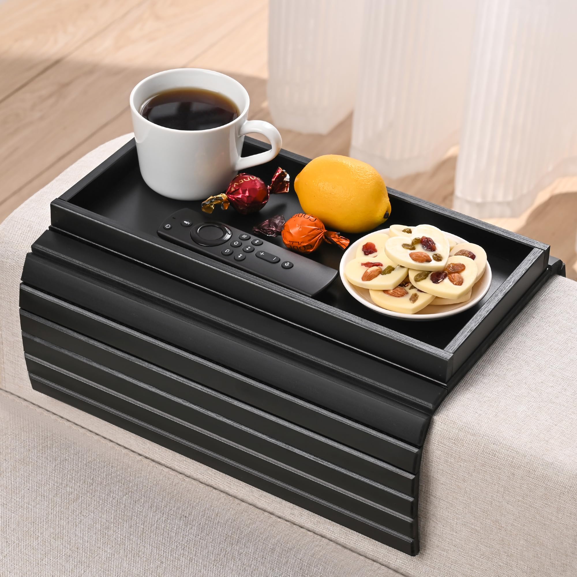 Foldable Bamboo Sofa Arm Tray with Anti-Slip Pad - Couch Armrest Table for Eating, Drinking, Snacks, Remote Control & Phone - Perfect for Living Room, Bedroom, Office & Home Theater Use