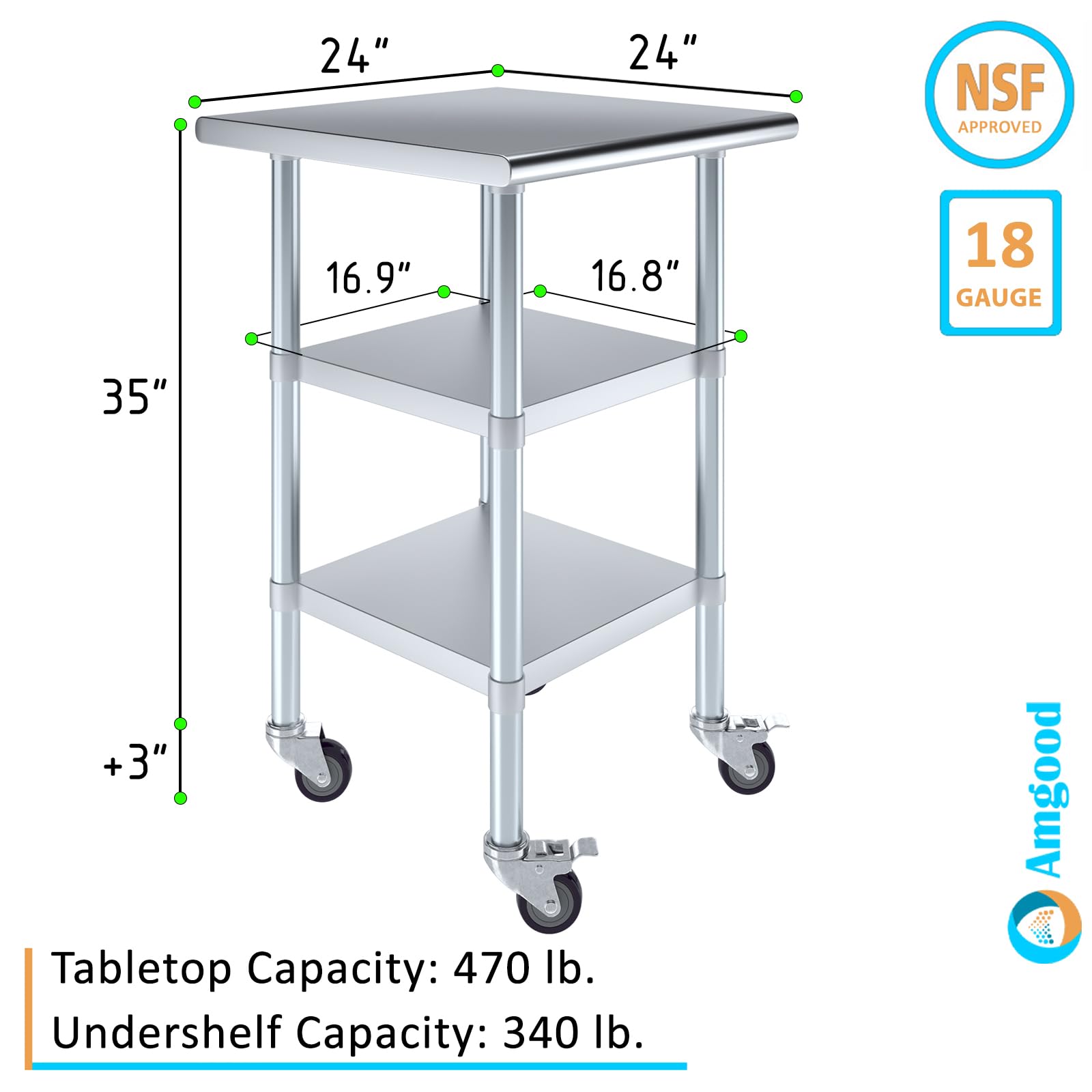 AmGood Stainless Steel Work Table with 2 Shelves & Wheels | Heavy Duty Metal Utility Table 24x24 Inch | Commercial Kitchen, Garage, Workshop, Food Prep Station