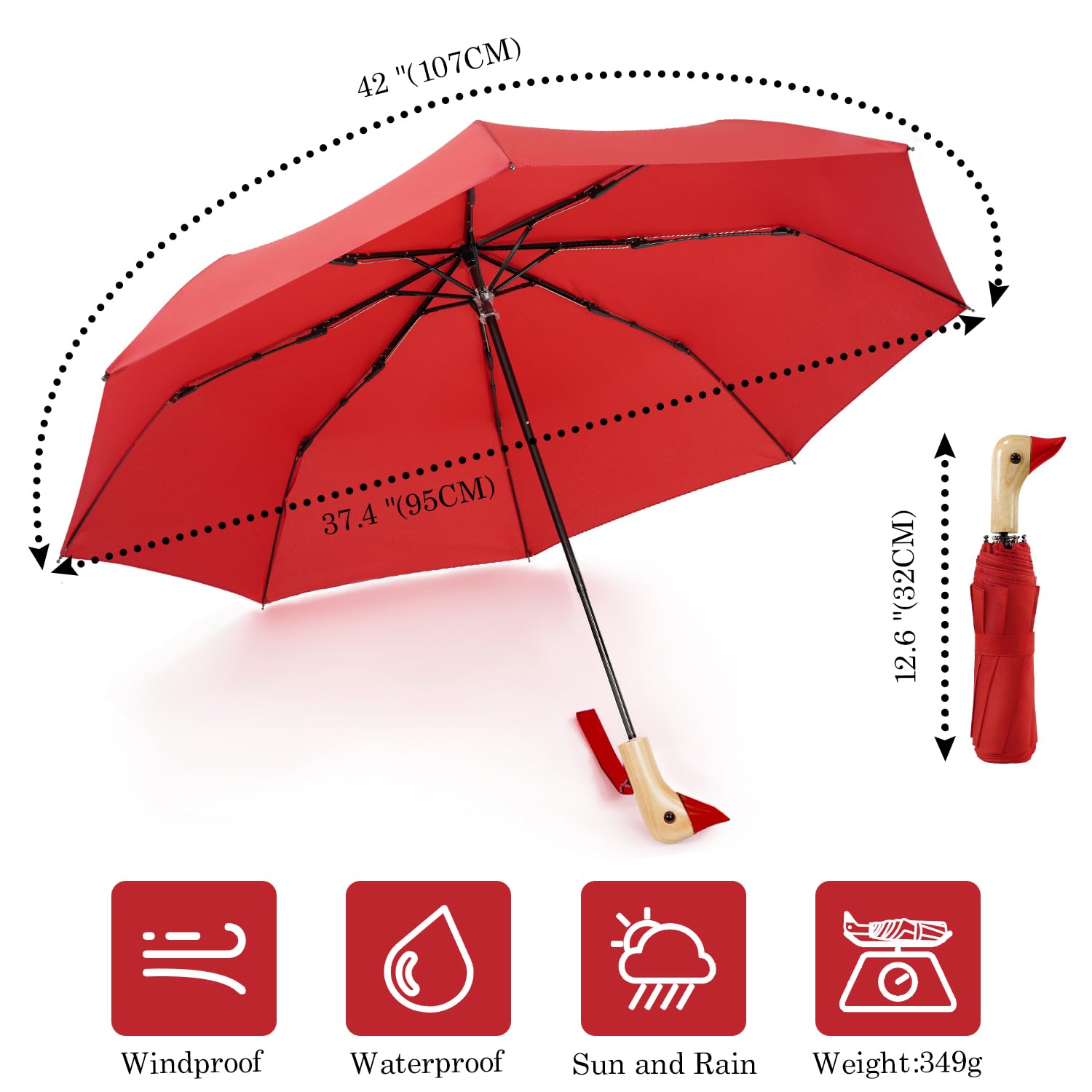 Compact Travel Umbrella with Cute Duck Handle - Lightweight Folding Umbrella for Women & Girls, Wooden Handle, Yellow Duck Head Design - Perfect for Rainy Days, Commuting, and Outdoor Adventures
