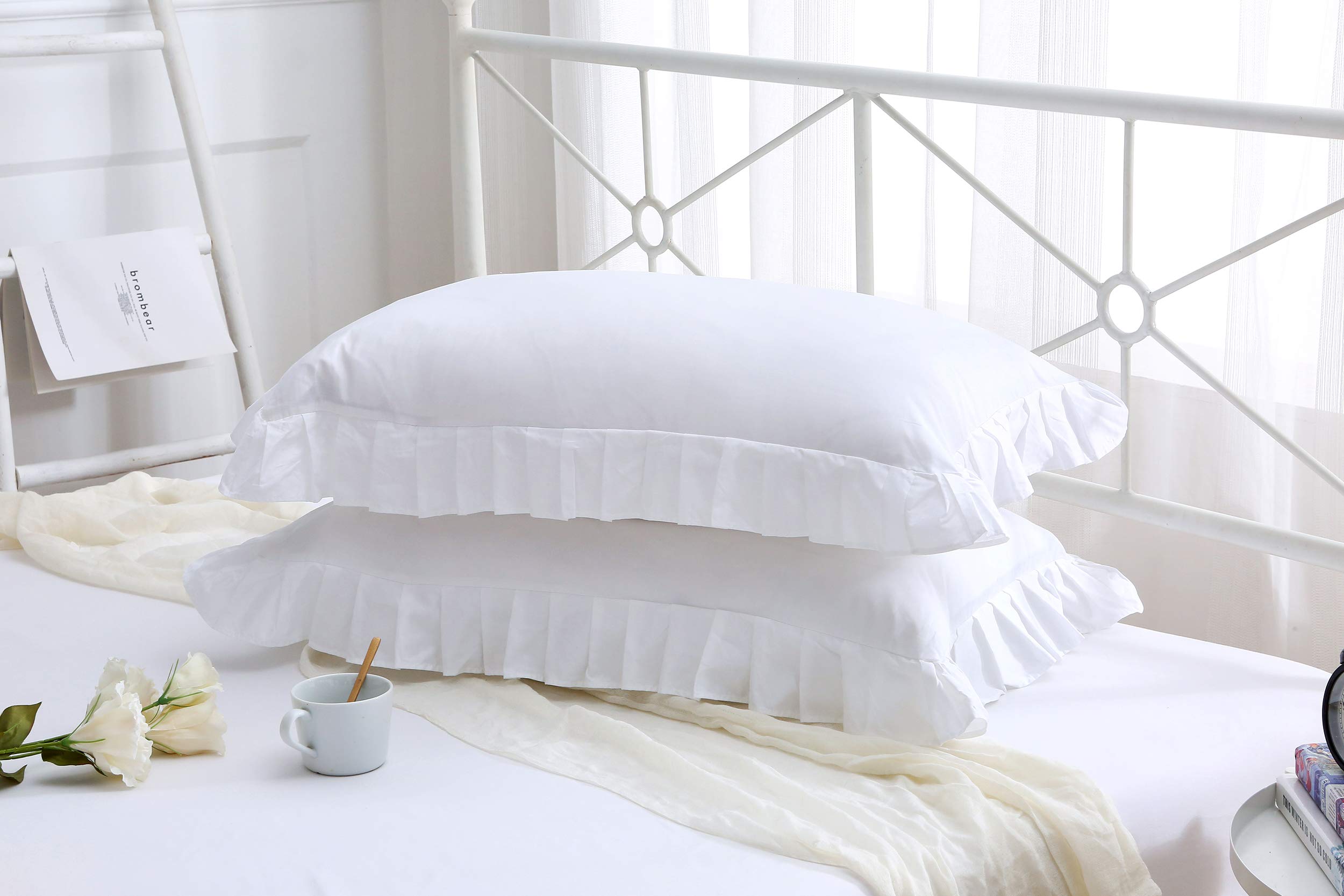 Premium Egyptian Cotton Ruffles Pillowcases - Queen Size 2-Pack (20x30 inches) Soft & Thick White Pillow Shams for Bedroom Luxury & Hotel Style Comfort