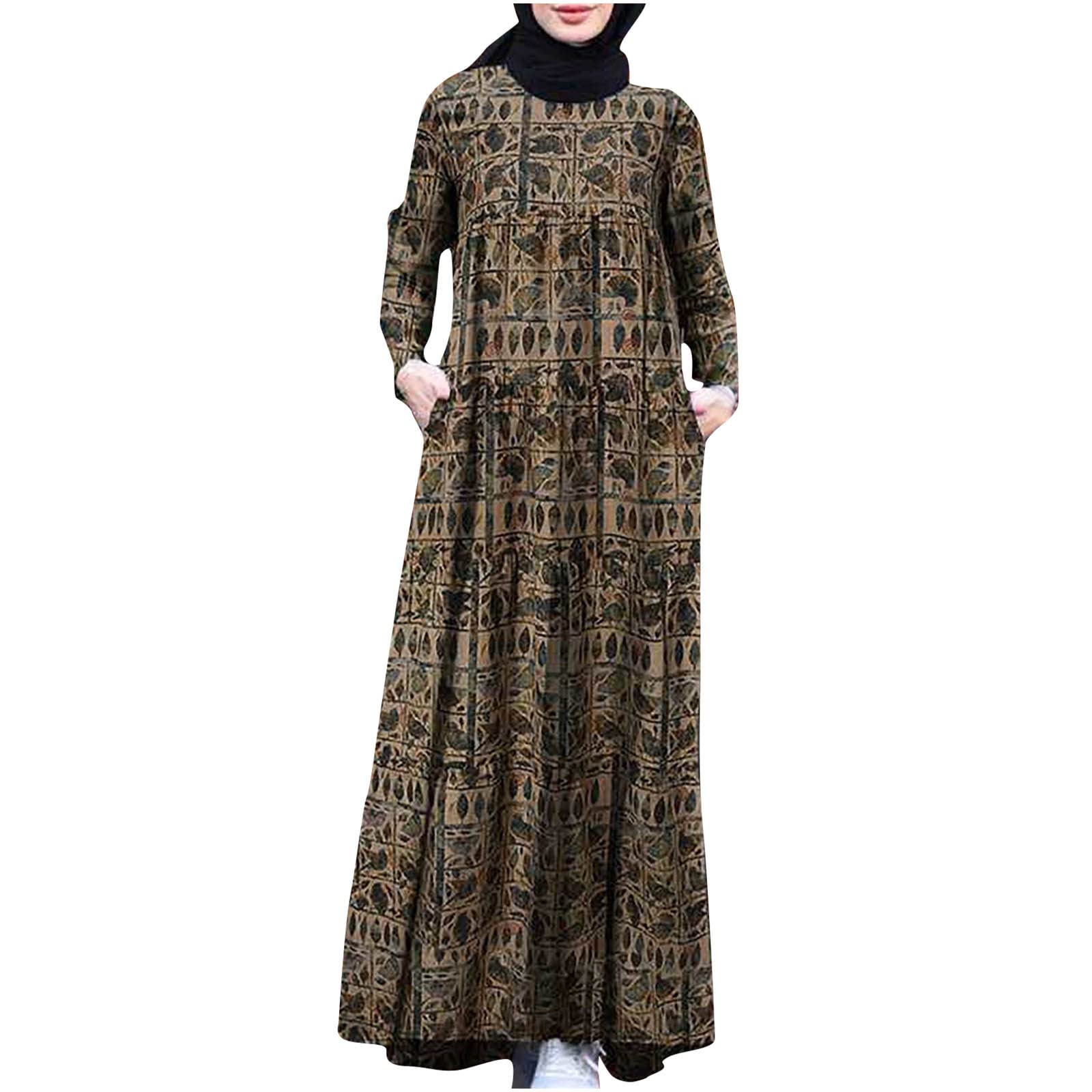 Women's Maxi Dress - Cotton Linen Floral Print Long Sleeve Button Down Robe for Spring & Autumn | Plus Size Muslim Fashion | Perfect for Casual Outings, Beach Cover-ups & Special Occasions