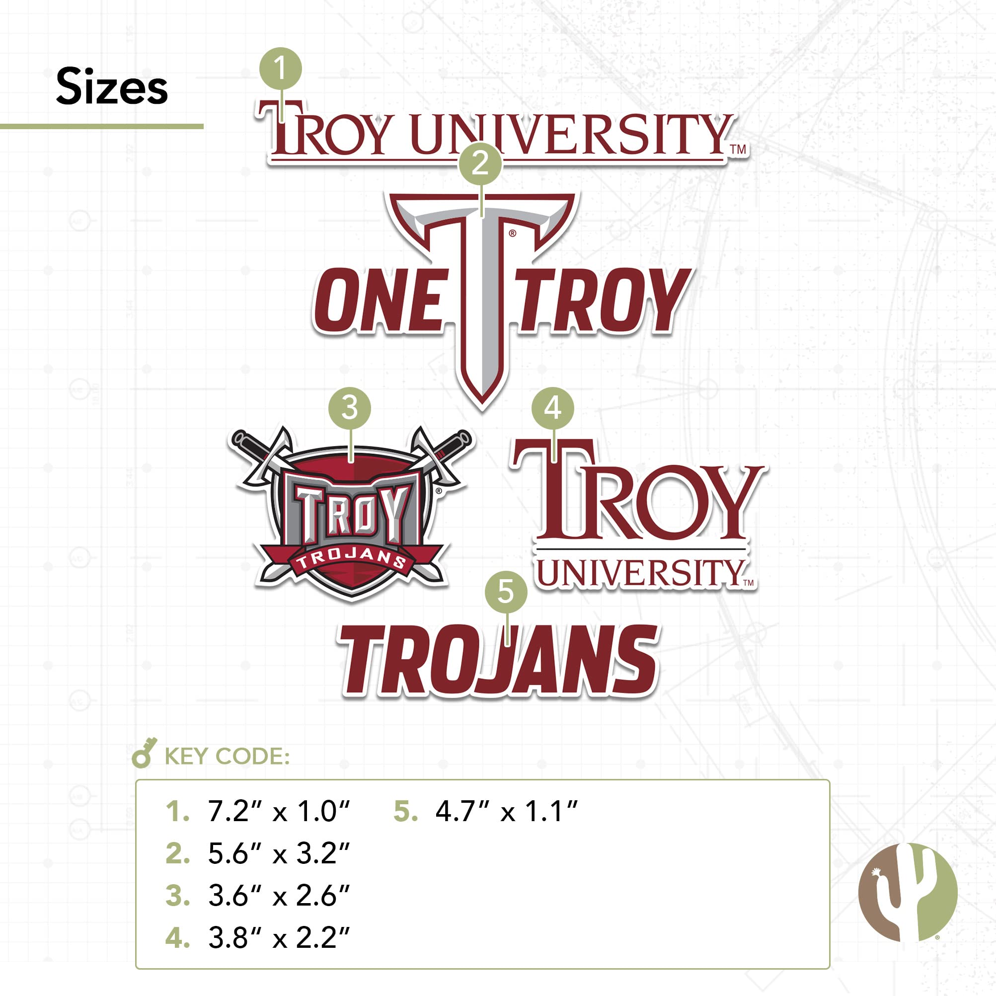 Troy University Trojans Desert Cactus Vinyl Sticker Sheet - 13.43x10.98 Inch Waterproof Decals for Laptop, Water Bottle, Car, Scrapbook (Type 2) - Perfect for College Pride, DIY Crafts & Fan Gifts