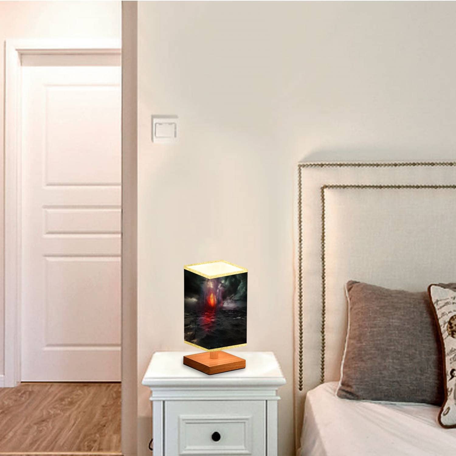 3D Wooden Base Stormfire & Viking Ship Square Bedside Table Lamp - Dimmable Nightstand Lamp with Flaxen Fabric Shade for Bedroom, Living Room - Perfect for Reading, Relaxing & Creating Cozy Ambiance