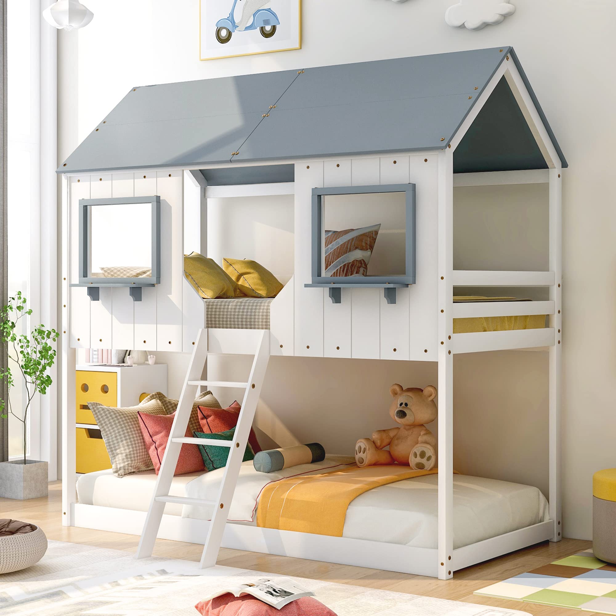 P PURLOVE Twin Over Twin Wooden Bunk Bed Frame with Roof, Window & Guardrail - Space-Saving Kids Bunk Bed for Teens, Boys & Girls - Perfect for Small Bedrooms, Dorms & Shared Kids Rooms (White)