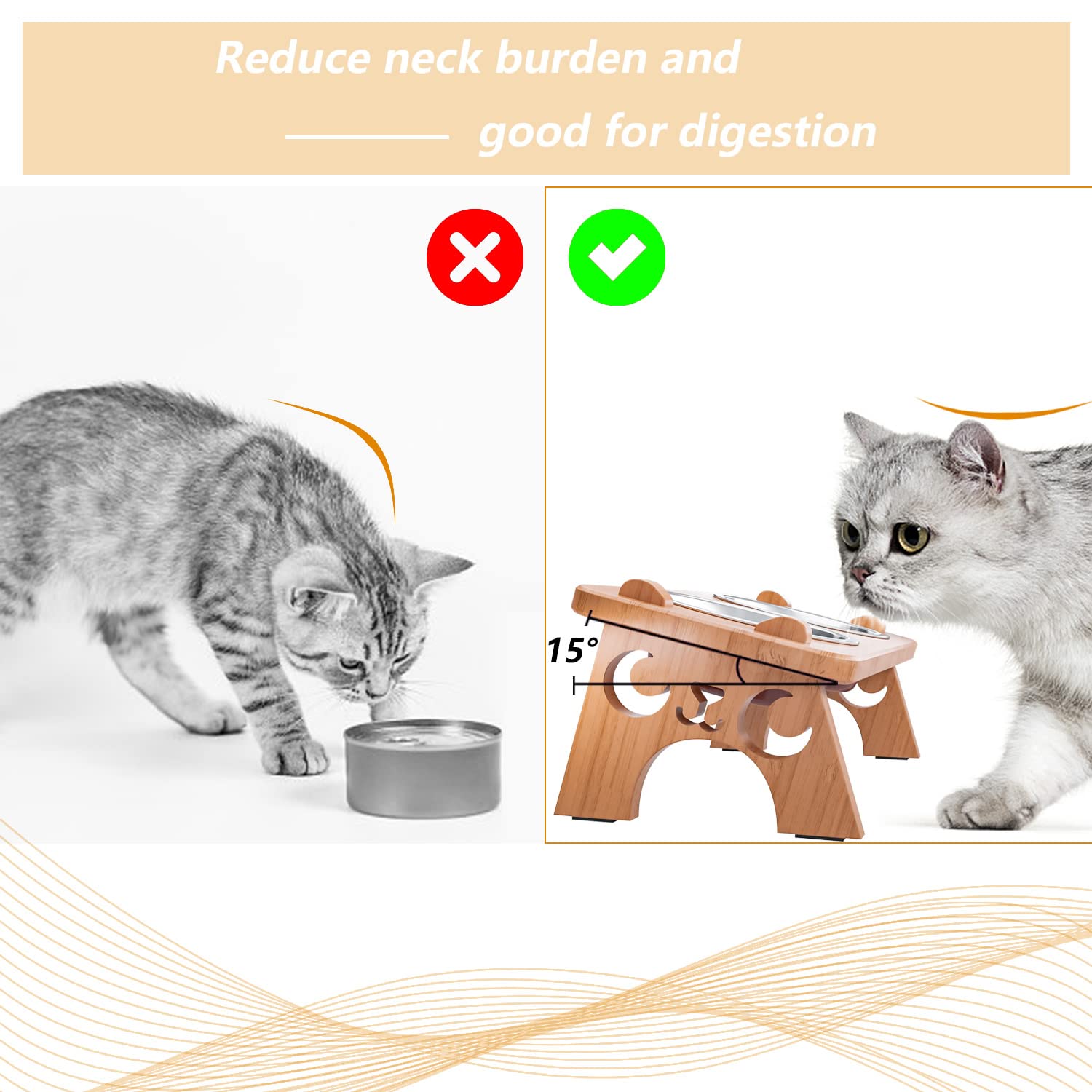 Tilted Raised Cat Bowls - Bamboo Feeder Set for Cats & Small Dogs (Walnut) - Perfect for Easy Feeding