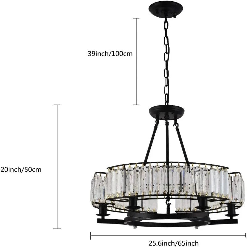 6-Light Round Black Crystal Chandelier - Modern Ceiling Light Fixture with Clear Glass Pendants for Dining Room, Living Room, Bedroom, and Entryway Lighting
