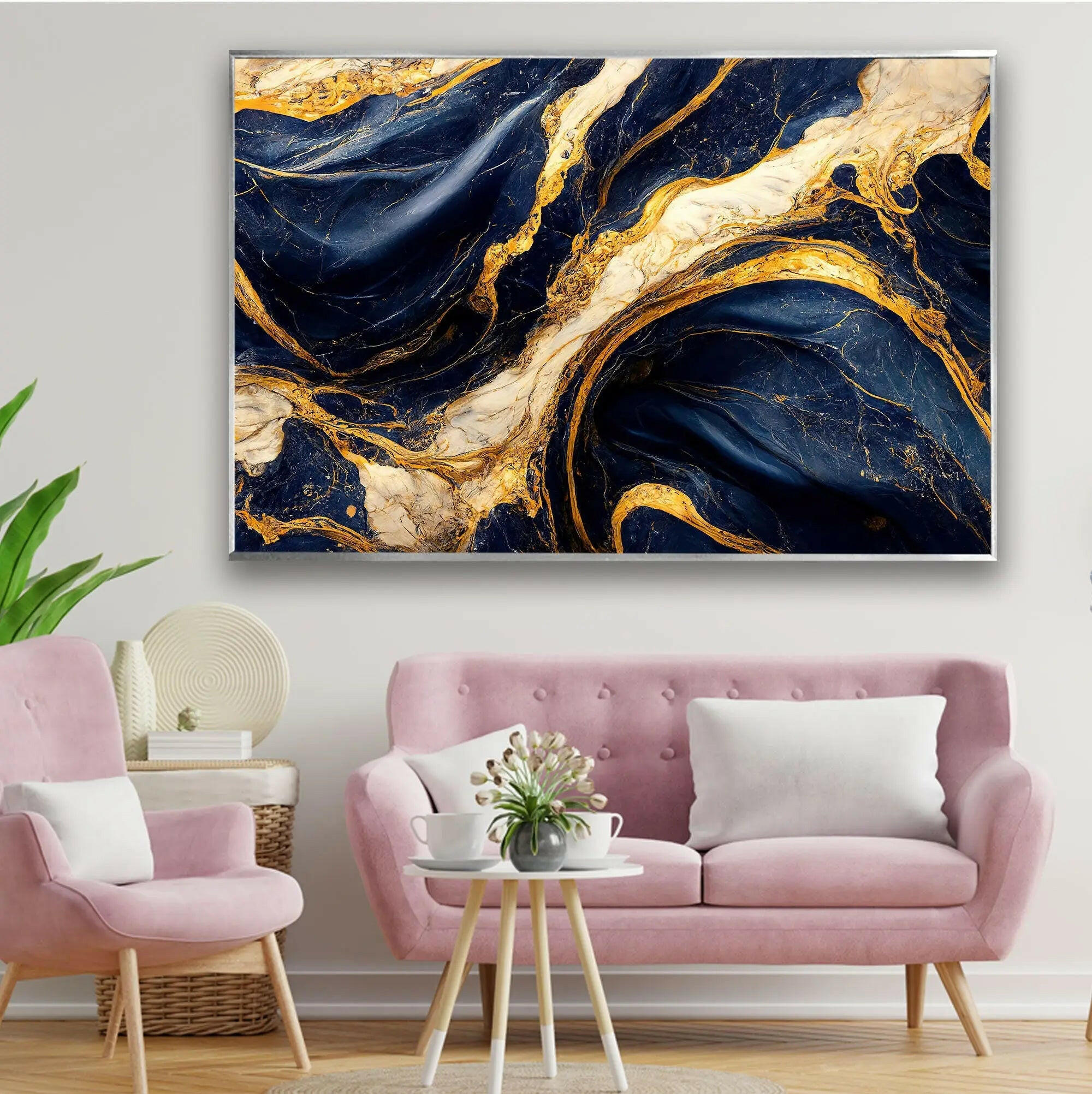 Abstract Marble Dark Blue and Gold Glass Wall Art - Modern Home Decor for Living Room, Bedroom & Office - Elegant Handmade Glass Painting for Wall Display